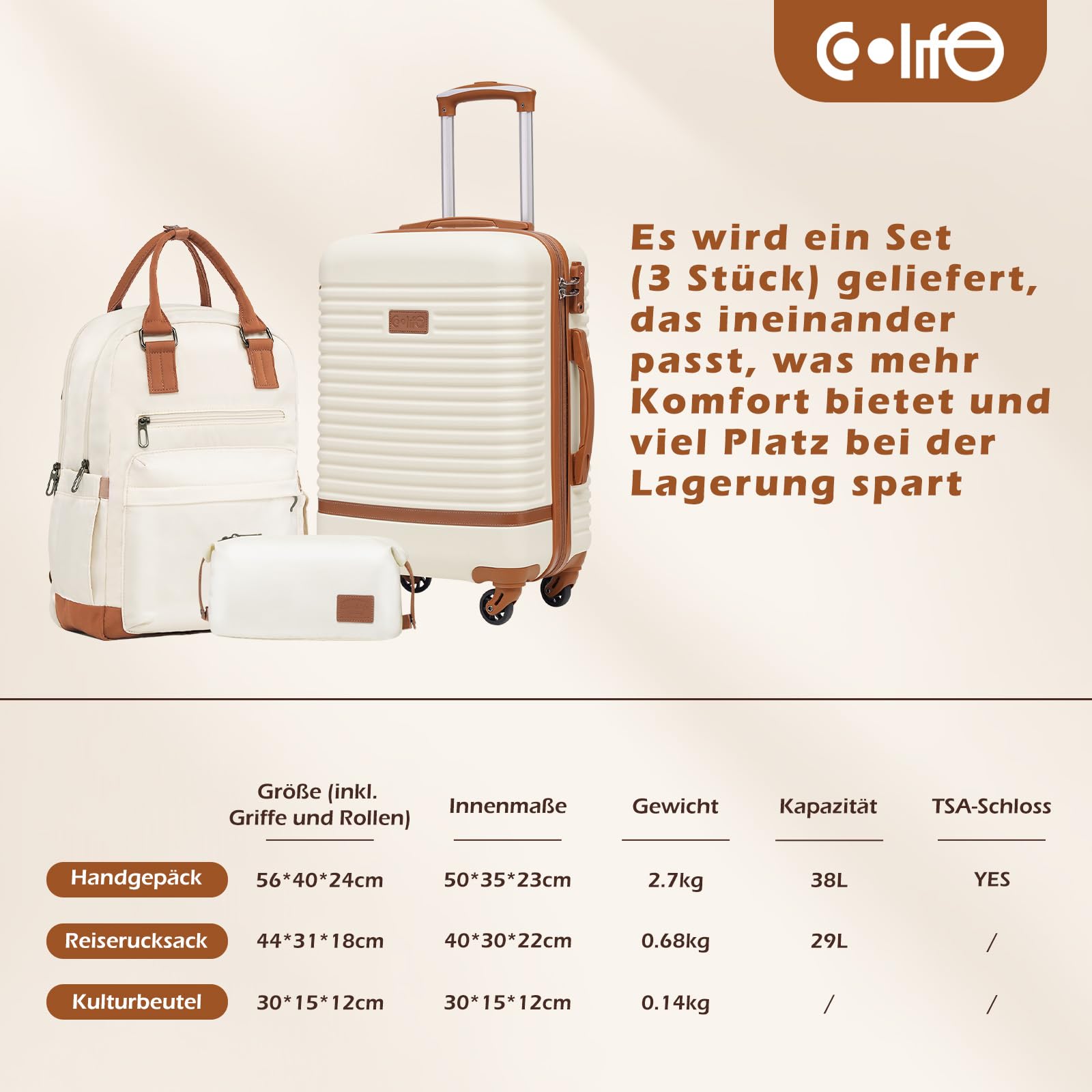 COOLIFE Koffer Trolley Koffer Reisekoffer von ABS Hartschalen Trolley 4 Rollen TSA-Schloss Der Koffer Enthält 1 Reiserucksack und 1 Kulturbeutel (Blau/Braun, Handgepäck-Set 3tlg)