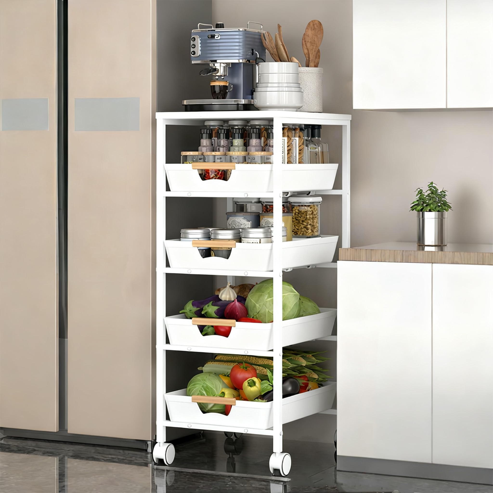 CarolynDesign Carrello portaoggetti con struttura in metallo a 5 ripiani con piano in legno, ruote multifunzionali, con cassetti estraibili, per cucina, soggiorno, bagno