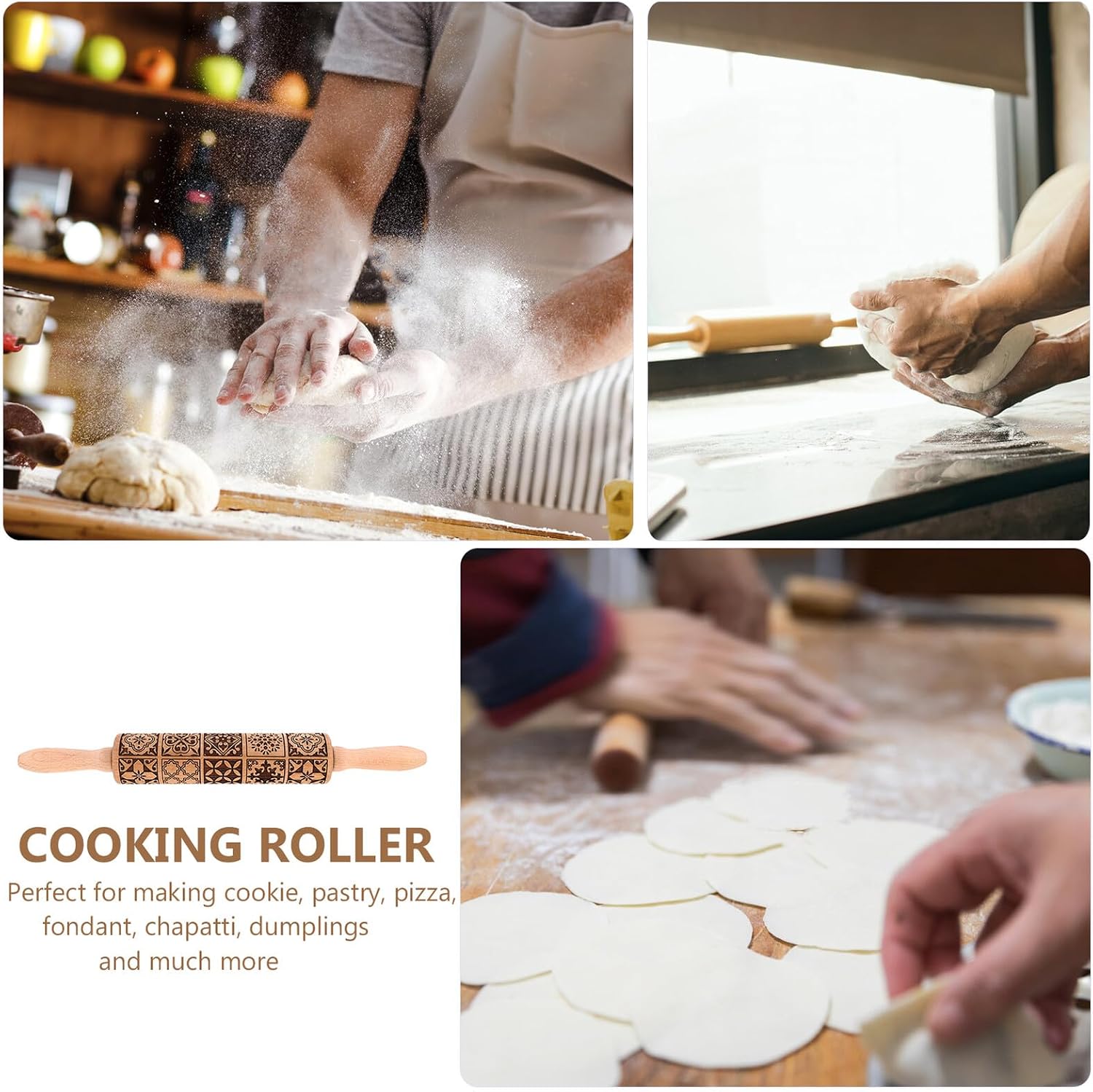 Cabilock Wooden Embossed Rolling Pin Kitchen Baking Tool for Dough Pastry Pizza Noodle Cookies Non-burr Surface Easy Clean Essential Roller for Homemade Treats image 4