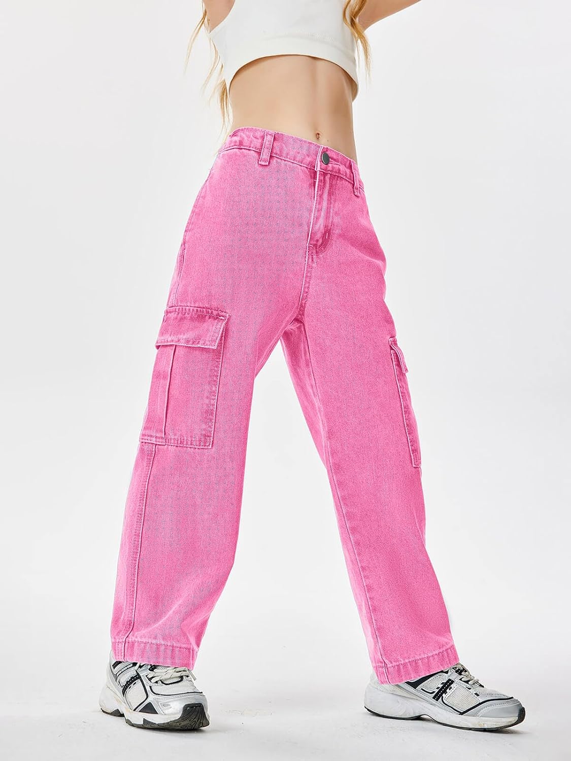 Haloumoning Girls Jeans Denim Elastic High Waisted Wide Leg Baggy Cargo Pants with Pockets 5-14 Years