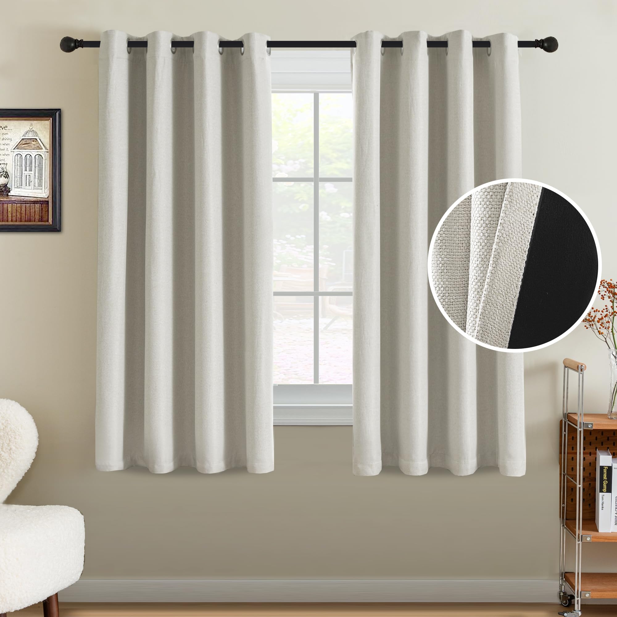 H.VERSAILTEX 90% Blackout Linen Curtains 63 Inches Long for Bedroom/Living Room Thermal Insulated Grommet Curtain Drapes Primitive Textured Burlap