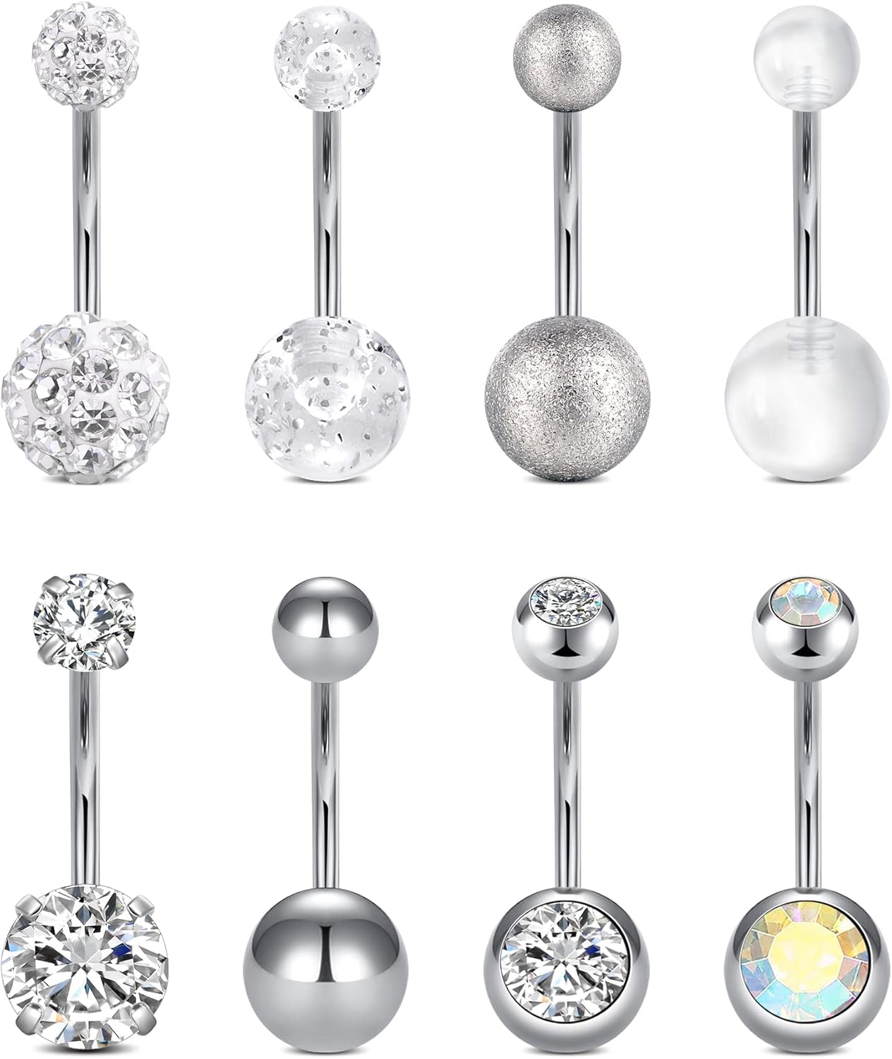 VCMART 14g 12mm & 14mm Navel Ring - Surgical Steel Belly Rings in Silver, Pink & Green for Women - Long Bar Belly Button Piercing Jewelry