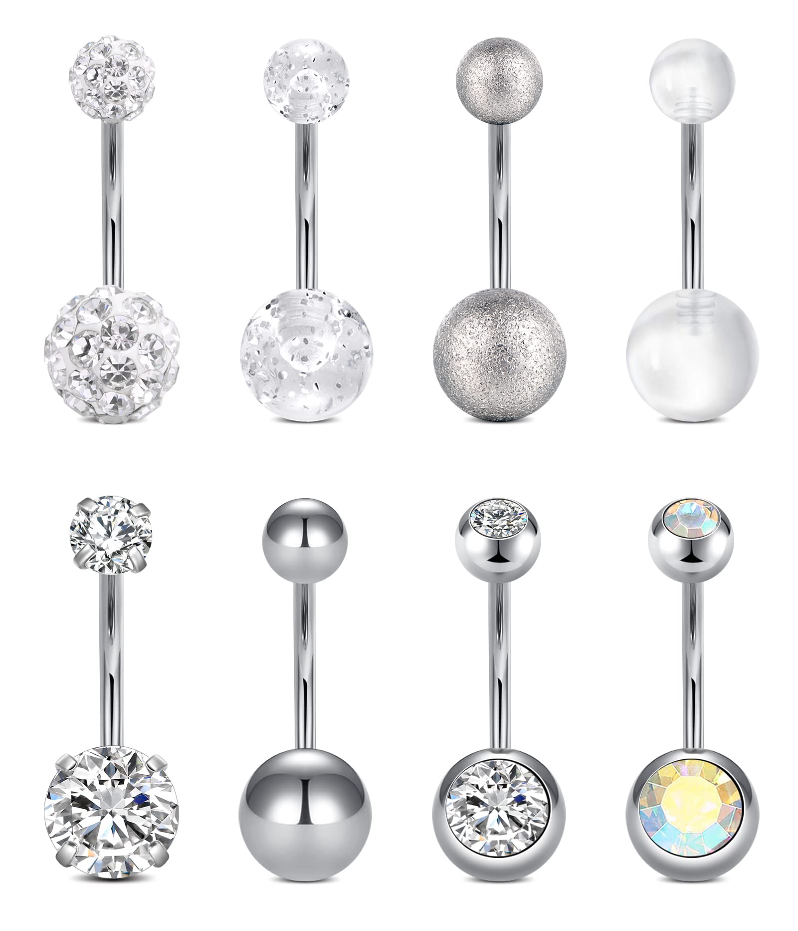 VCMART 14g 12mm & 14mm Navel Ring - Surgical Steel Belly Rings in Silver, Pink & Green for Women - Long Bar Belly Button Piercing Jewelry