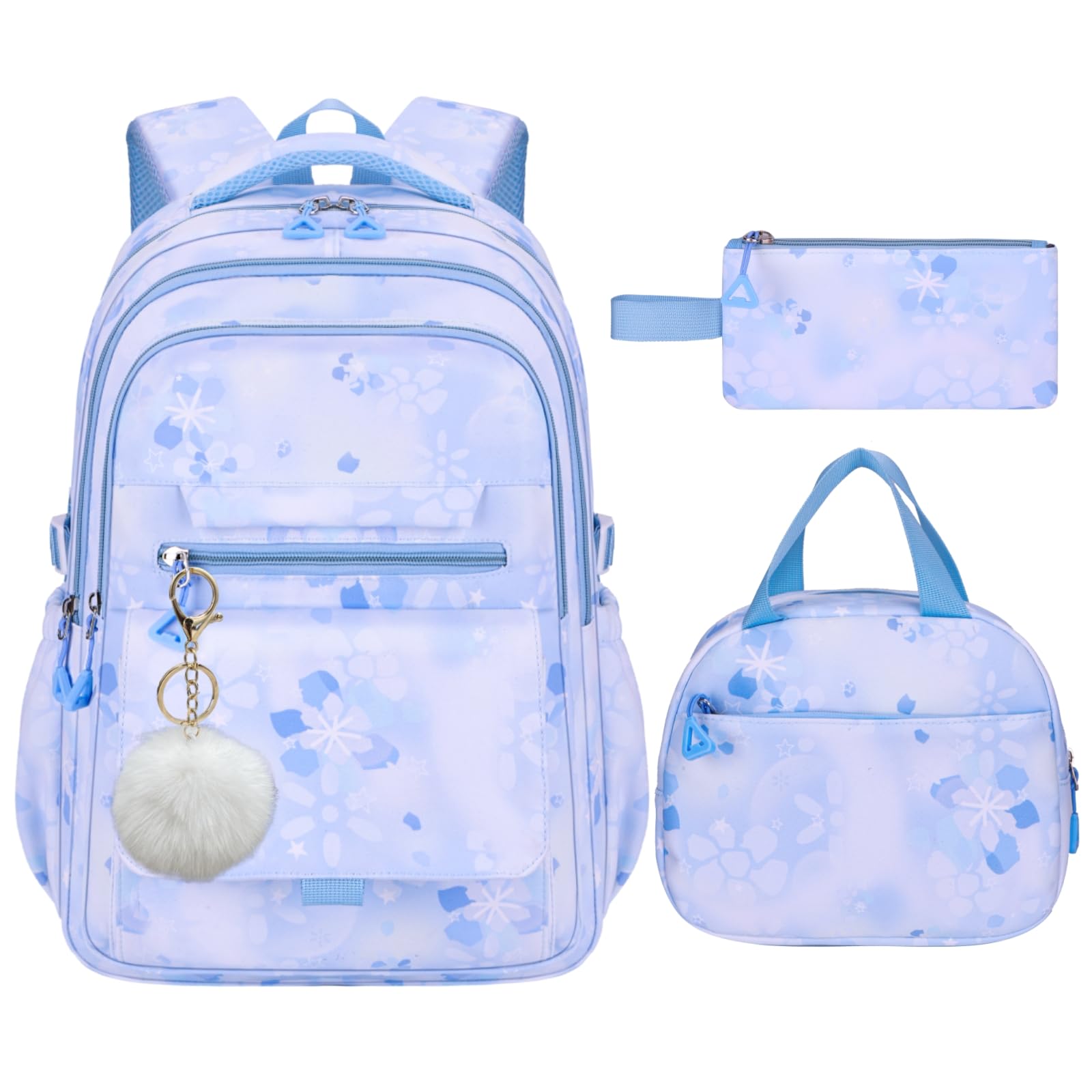 NIWEIYA 3Pcs Set Backpacks for Girls Teen, Cute Flowers School Bag Girls Bookbags with Lunch Box Pencil Bag, Multi-Pockets Kids Backpack for