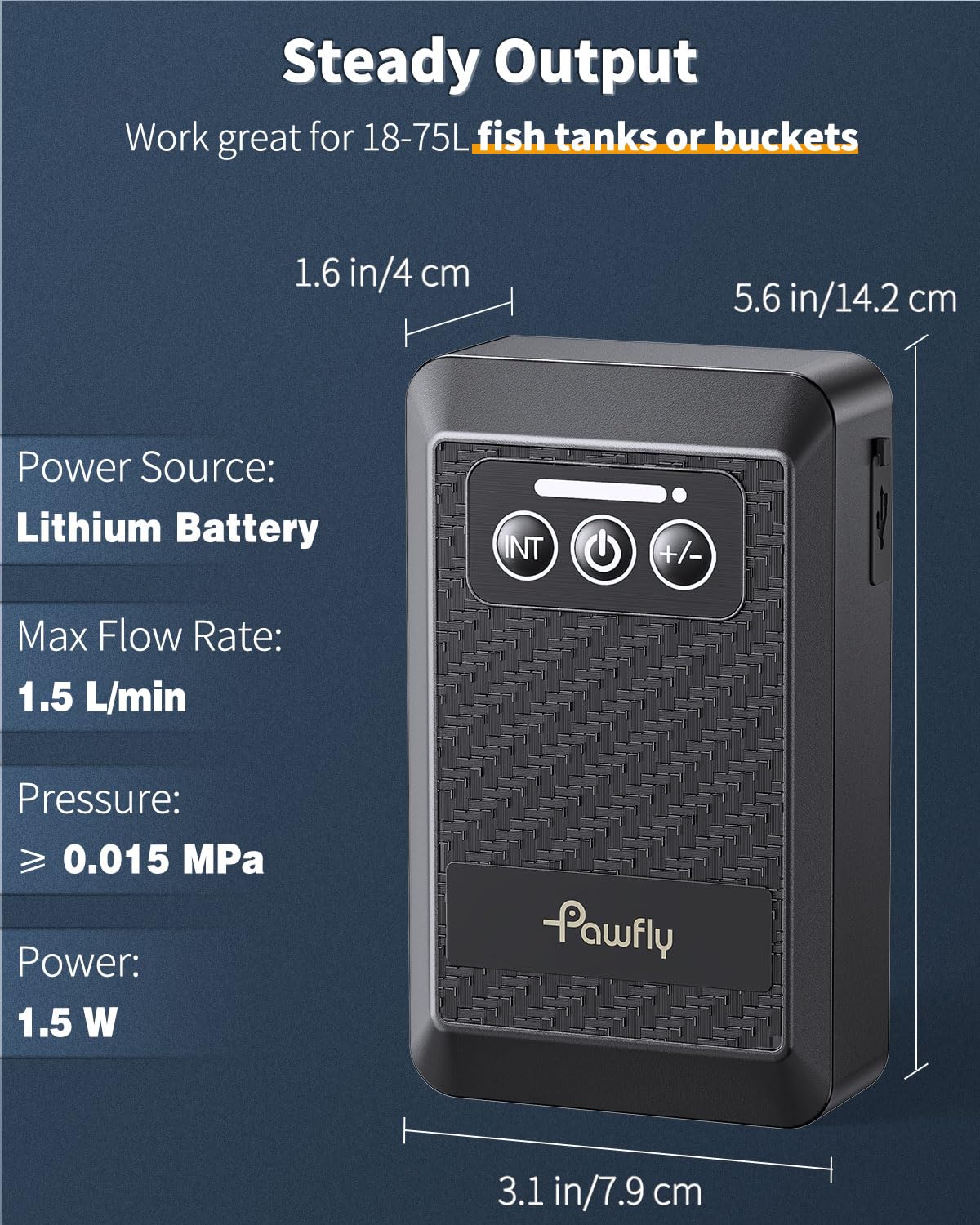 Pawfly Ossigenatore per Acquario a batteria al litio, Pompa d'aria ricaricabile USB per serbatoi di pesce da 20-500 L Aeratore portatile silenzioso per la Pesca all'Aperto e Interruzione di Corrente