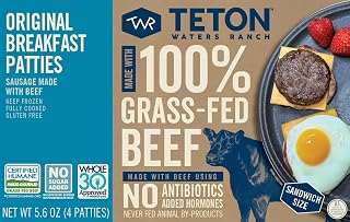Teton Waters Ranch Grass-Fed Beef Breakfast Sausage Patties - Original, Fully Cooked, No Sugar, 5.6oz (4 Patties)