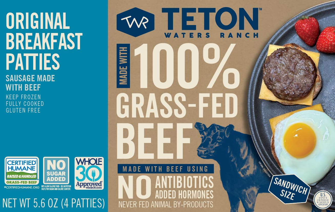 Teton Waters Ranch Grass-Fed Beef Breakfast Sausage Patties - Original, Fully Cooked, No Sugar, 5.6oz (4 Patties)
