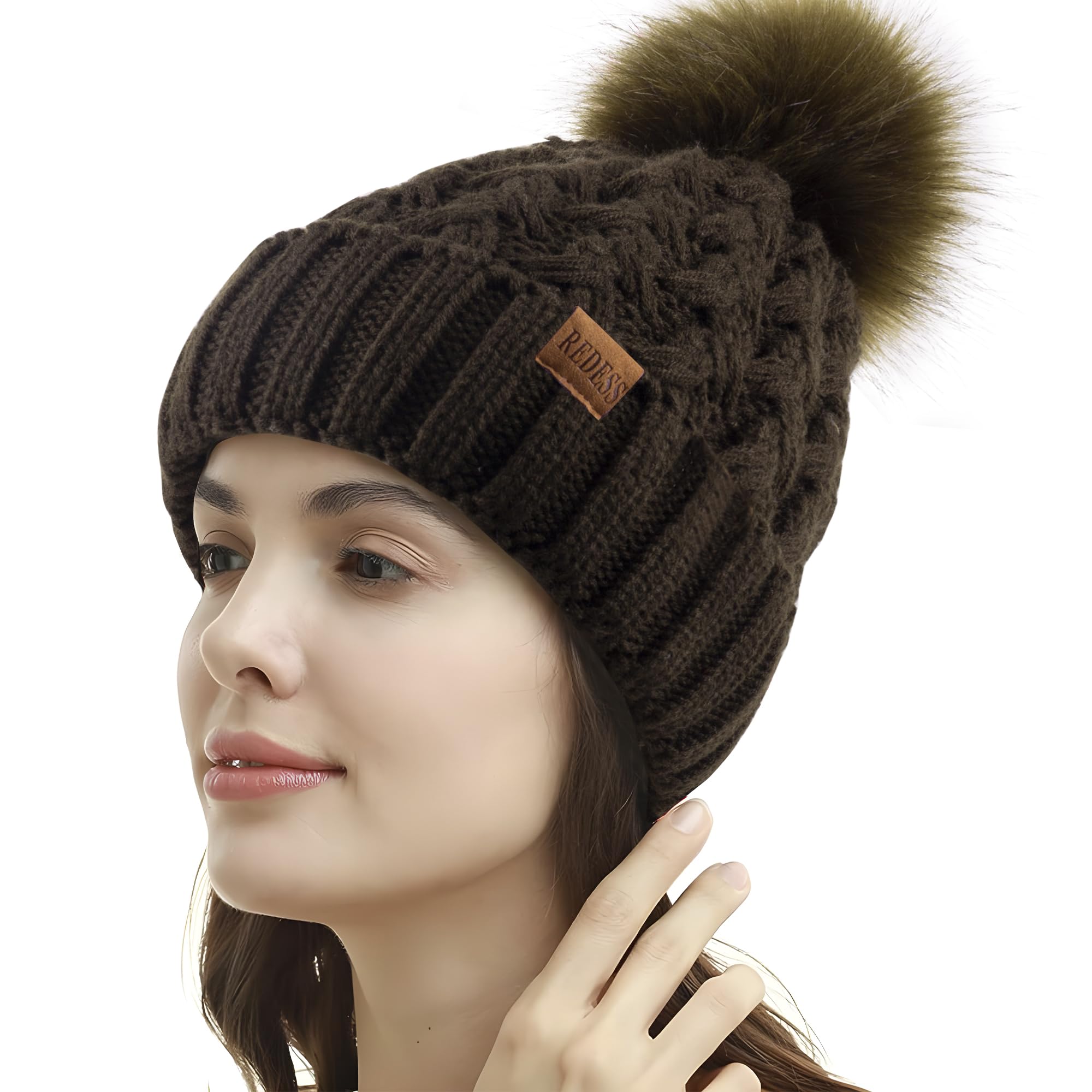 REDESS Cappello Invernale da Donna con Pompon con Pompon Cappelli Caldi Foderati in Pile, Berretto Incrociato in Maglia di Neve Spessa e Morbida per Le Signore