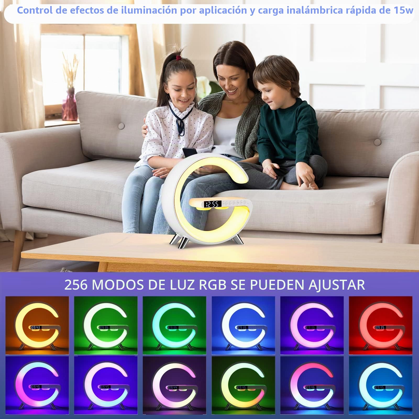 Lámpara de Mesa LED Inteligente, Lámpara de Ambiente con Cargador Inalámbrico, Altavoz Bluetooth Lámpara de Luz Nocturna Regulable, Reloj Despertador con Sincronización de Música (Blanco)