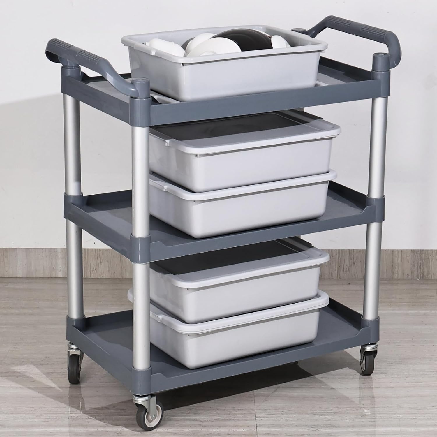 12-pack 13 L Bus Box with Lid, Restaurant Bus Tubs/Plastic Dish Tub, Light Gray