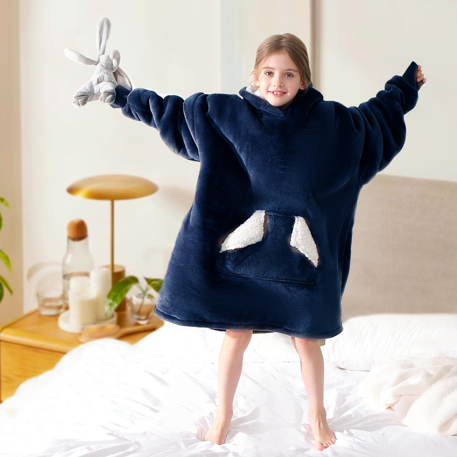 Touchat Wearable Blanket Hoodie, Oversized Sherpa Blanket Sweatshirt with Hood Pocket and Sleeves, Super Soft Warm Plush Hooded Blanket Gift for Adult Kids, One Size Fits All (Navy)
