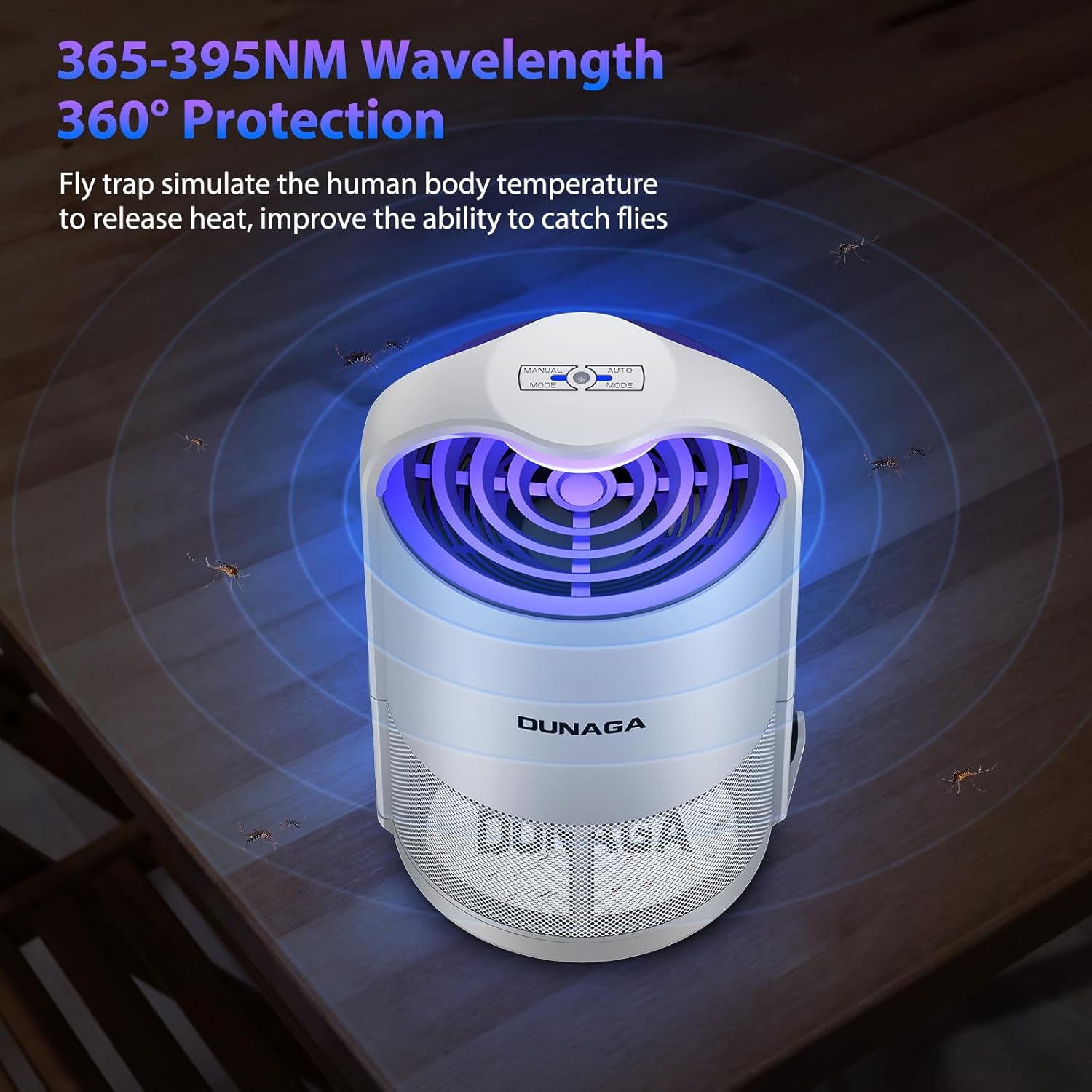 Top-down view of the DUNAGA insect trap with blue light emanating, surrounded by small flying insects, illustrating 365-395nm wavelength and 360-degree protection.