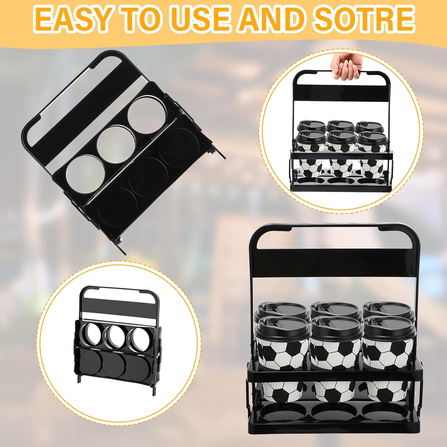 Sliner 4 Pieces Portable Drink Carrier Plastic Drink Holder Reusable Cup Carriers for Drinks Foldable Cup Holder Beverage Delivery Holder with Handle for Delivery Drivers Catering Restaurant, Black