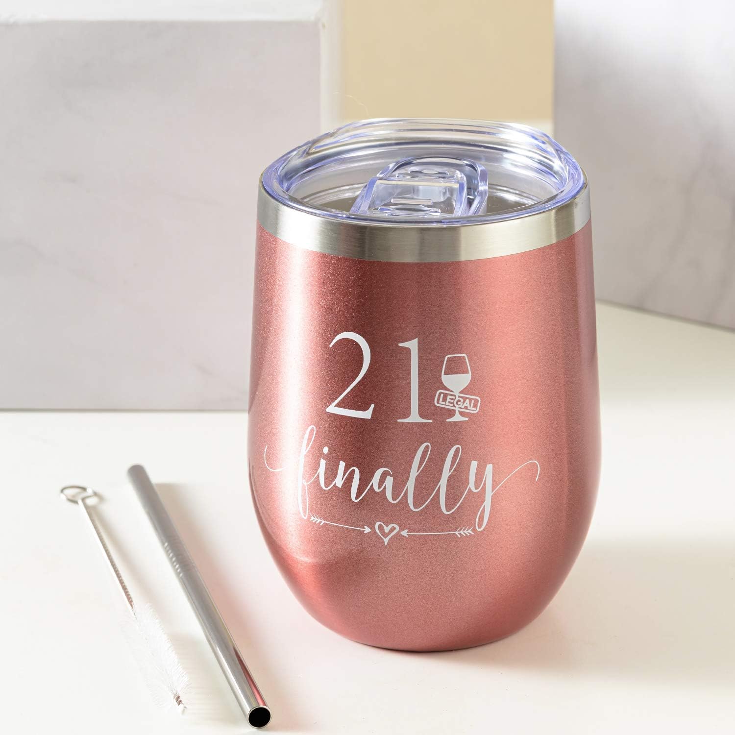 Crisky Rose Gold 21 & Finally Wine Tumbler for Girl 21st Birthday Gifts Funny Ideas for Girlfriend, Sister, Friends, Daughter, Her Wine Glass, Vacuum Insulated Coffee Cup 12oz, with Box, Lid and Straw image 2