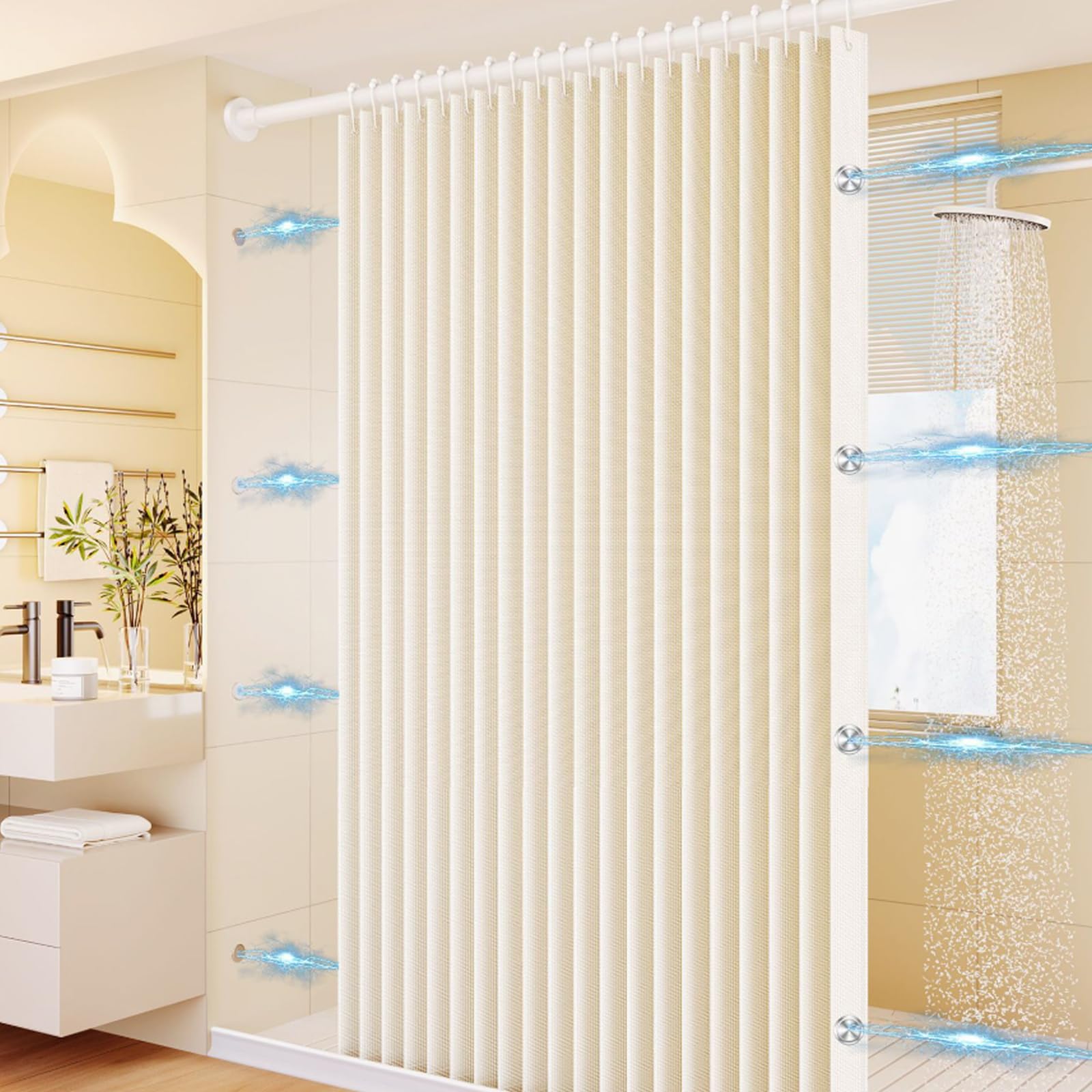 Tenda magnetica oscurante, tenda per porta con asta 40-110 cm e bottone magnetico, impermeabile, senza foratura, per bagno, camera da letto, soggiorno, 200 x 120 cm, colore crema