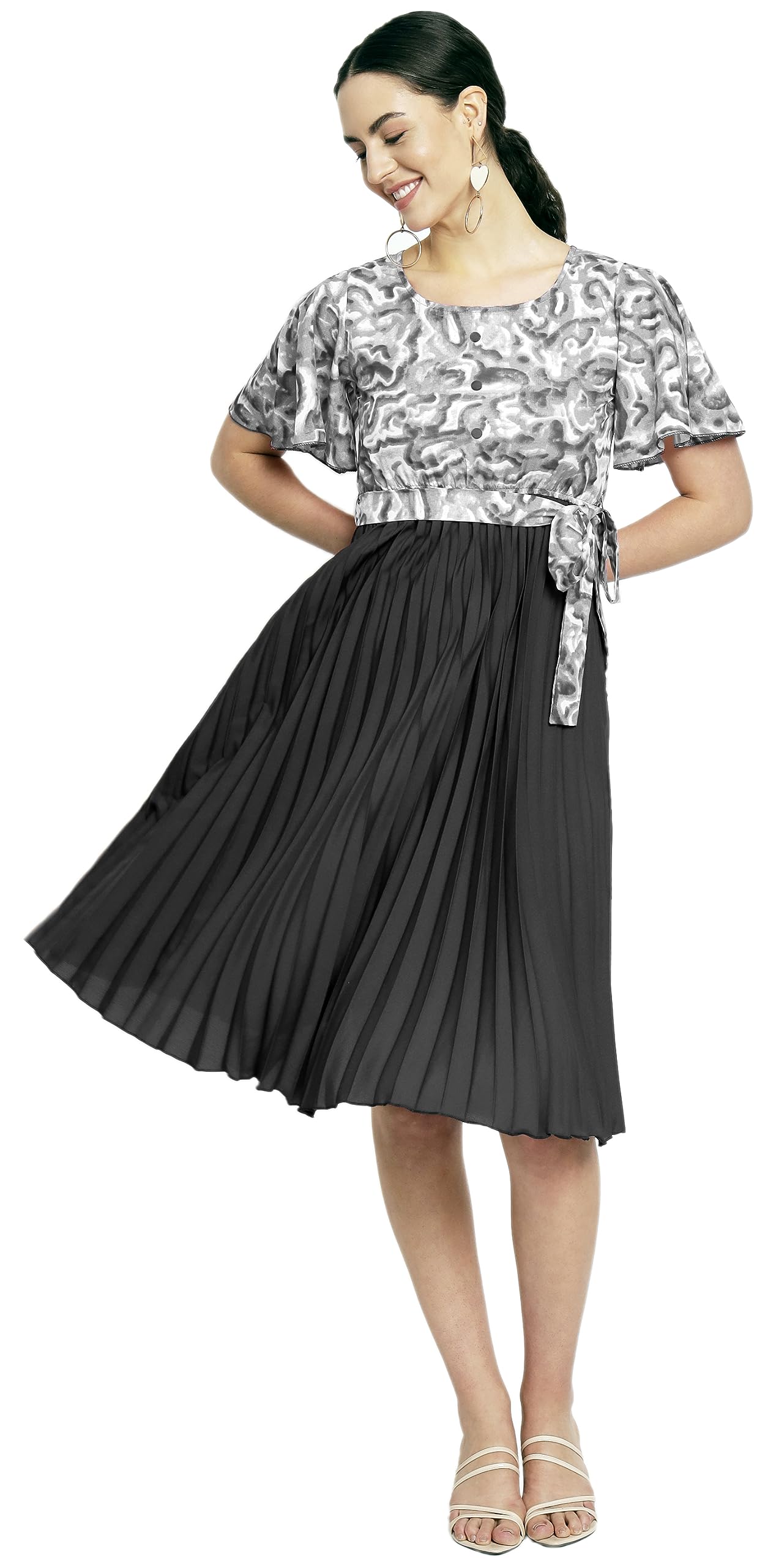 OTABU|Women A-line Dress with Pleats has an Round Neck Printed Top Comes with a Belt and Flared Sleeves