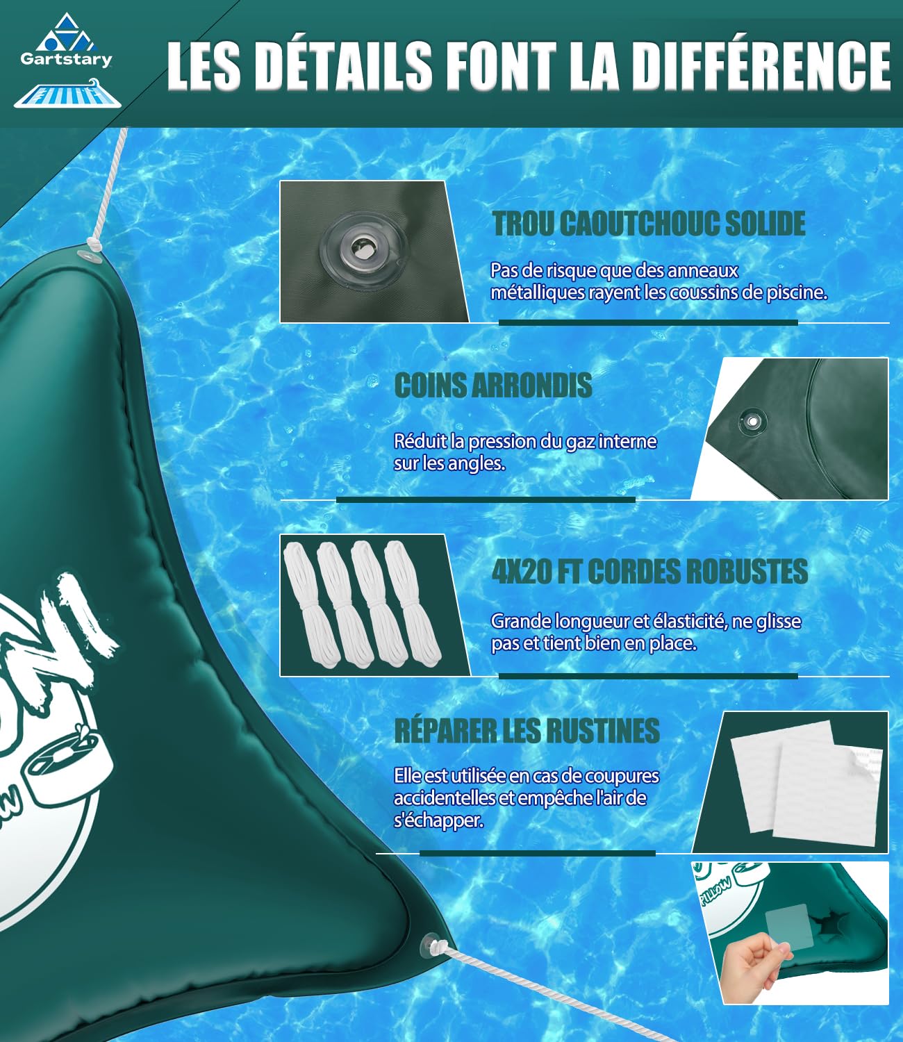 Coussin Piscine hivernage XXL 6 pièces - 120 x 120 cm - Ballon hivernage Piscine avec Double Couture pour recouvrir la Piscine - pour l'hiver - avec Valve Boston Dual-Inflation (Verte)