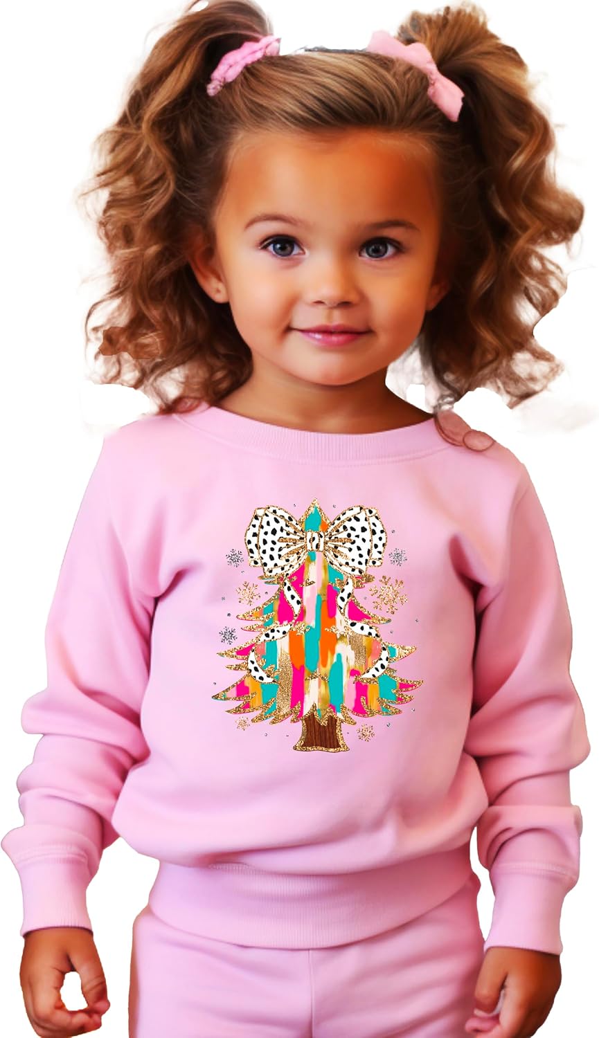 Olive Loves Apple Colorful Christmas Tree with Dalmatian Print Bow Topper Sweatshirt for Women Teens and Girls