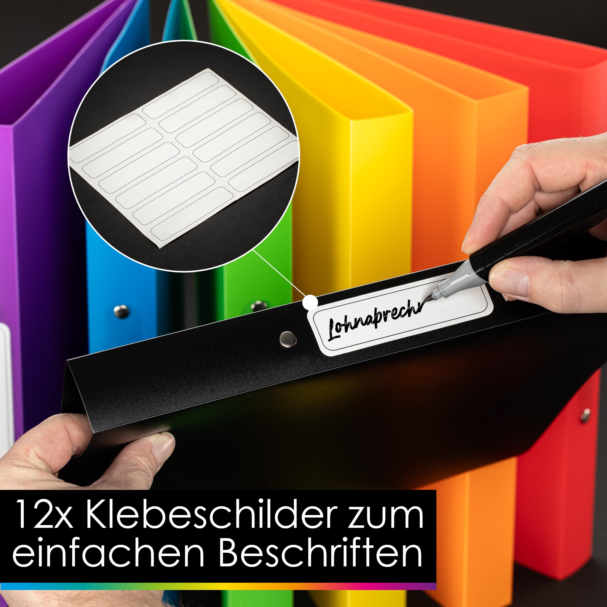 OfficeTree 12x Ringbuch A4 Set - 12 Farben - 2-Ring-Mechanik - Ringmappe A4 Rückenbreite 3,5cm - Ringhefter aus robusten Kunststoff - Ringordner schmal inkl. Sticker - Hefter