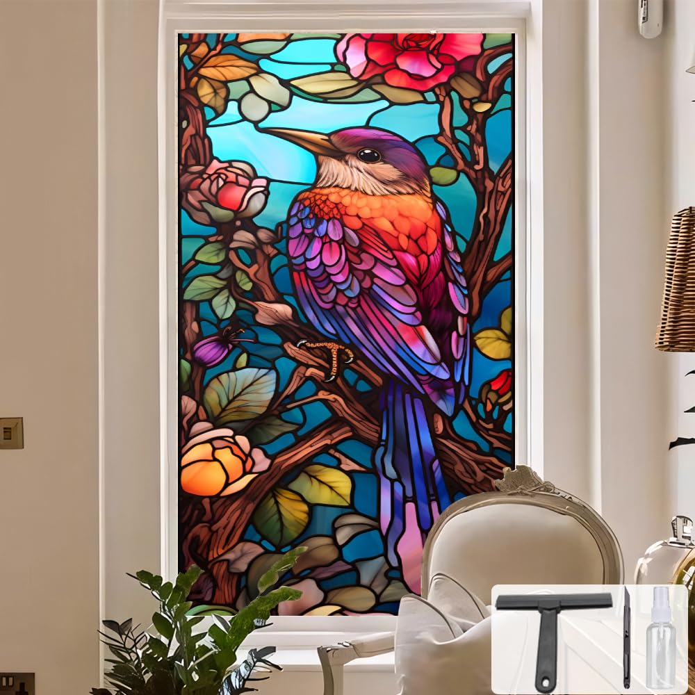 Window UV Protection Privacy Film:Non-Adhesive Static Cling Decorative Window Film with Installation Tools,Stained Glass Window Film for Kitchen,Study,Bathroom,and Shower Doors,17.7 x 39.4 inches.