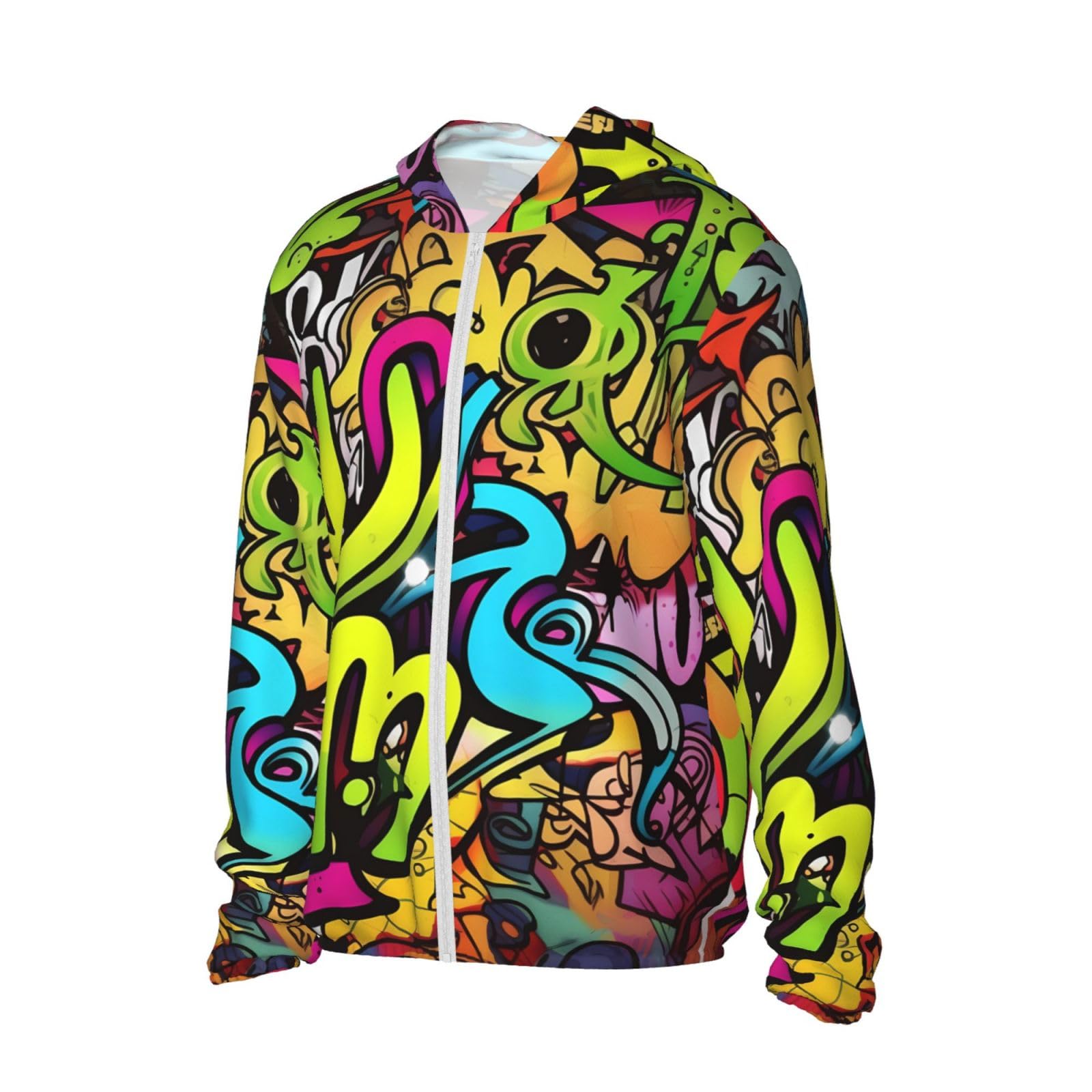 UPF 50+ Light Jacket Full Zip Sun Protection Hoodie for Women Men Long Sleeve Graffiti Drawing Sun Shirts Black