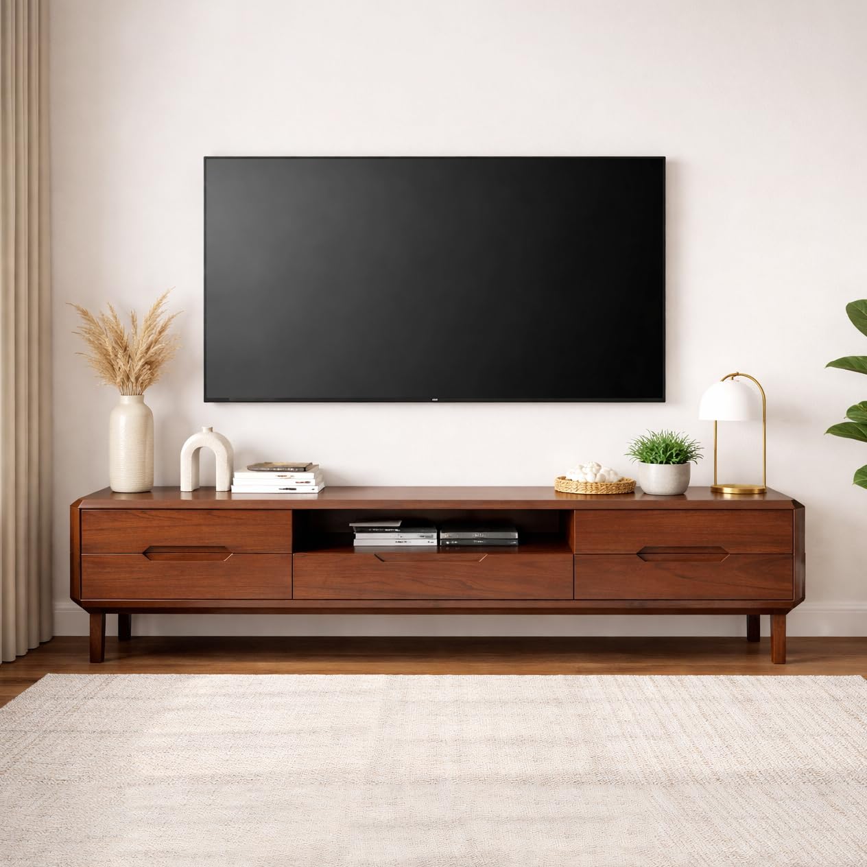 Flywood Sheesham Solid Wood TV Unit with 5 Drawers & 1 Open Shelf | Walnut Finish | TV Console for Up to 75 Inch | Size 69 x 15 x 21 Inch-image-5
