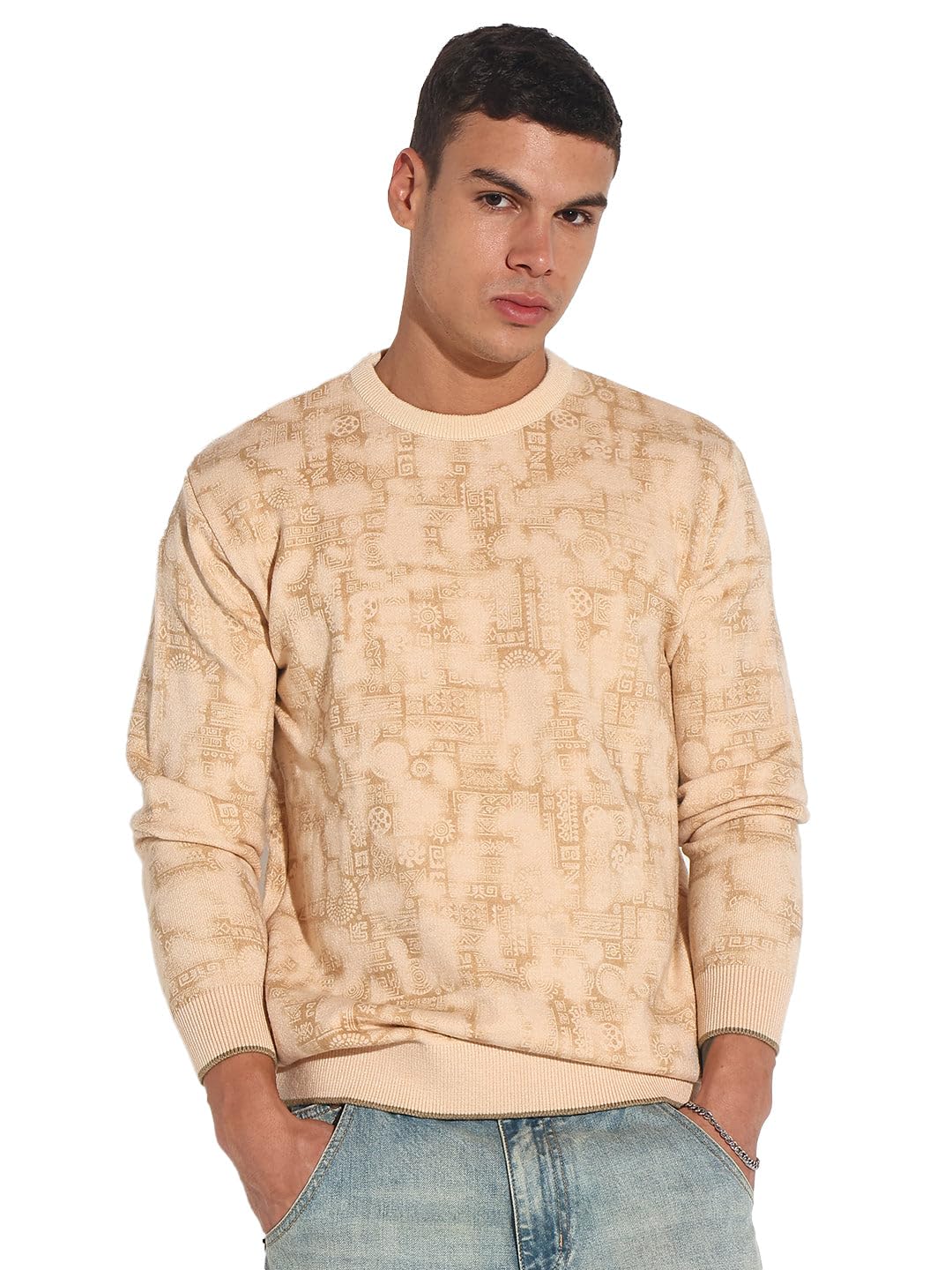 showoffff Edition Men's Abstract Beige Ribbed Round Neck Sweater-LBR-2507_Beige-picture-17