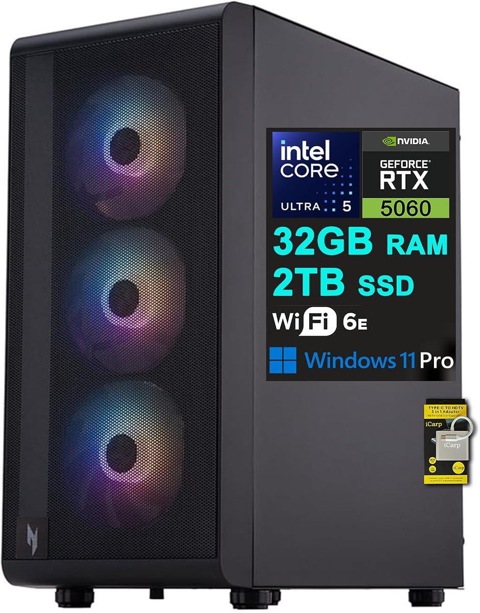 Acer Nitro 60 Gaming AI Desktop Intel 10-core Ultra 5 225F 32GB DDR5 2TB SSD GeForce RTX 5060 GDDR7 DLSS4 (Up to 614 AI Tops) Type-C DisplayPort Wi-Fi6E RGB Fan Win11Pro ICP Hub