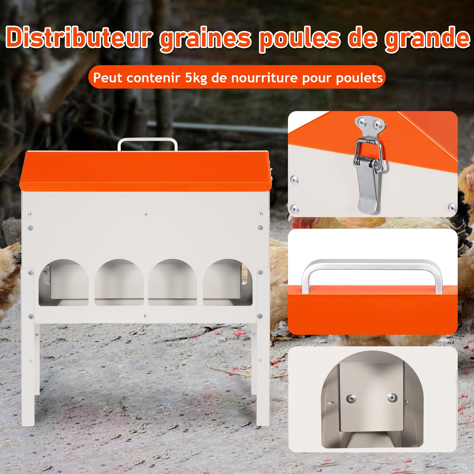 Mangeoire Automatique Poule en Métal, 5kg Distributeur Graines Poules, Poultry Feeder Pigeons Et Canards, Réglable en Hauteur, Accessoire Poulailler
