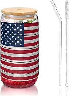 16oz Clear Glass Tumblers with Bamboo Lids & Straws, Wooden American Flag, Beer Iced Coffee Cups, Office for Boss Lady, Juice and Soda Drinking Glasses