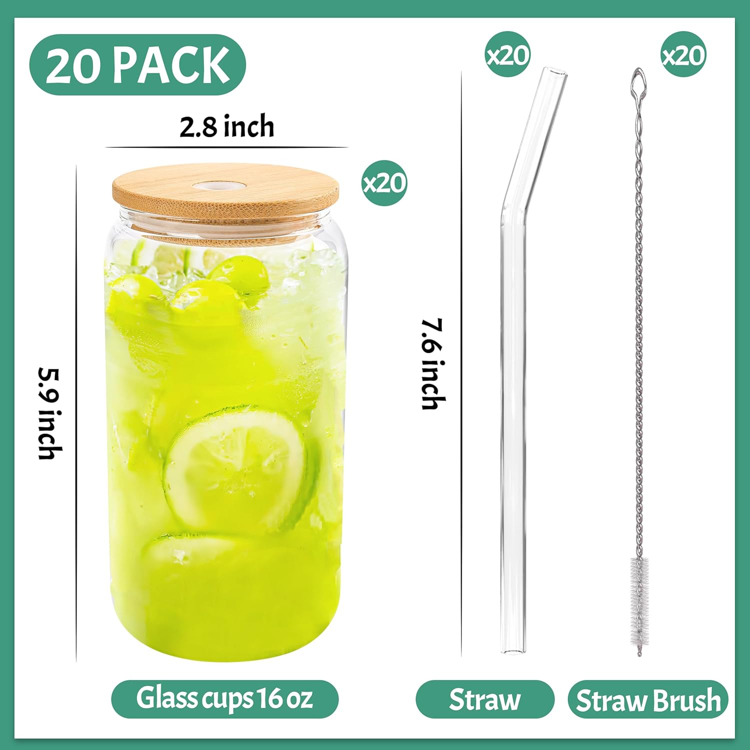 Joyclub 20 Set Glass Cups with Bamboo Lids and Glass Straws 16oz Can Shaped Reusable Iced Coffee Glasses Bulk Set Drinking Jars wholesale for Party Weddings Cafes Boba Shops Gifts DIY