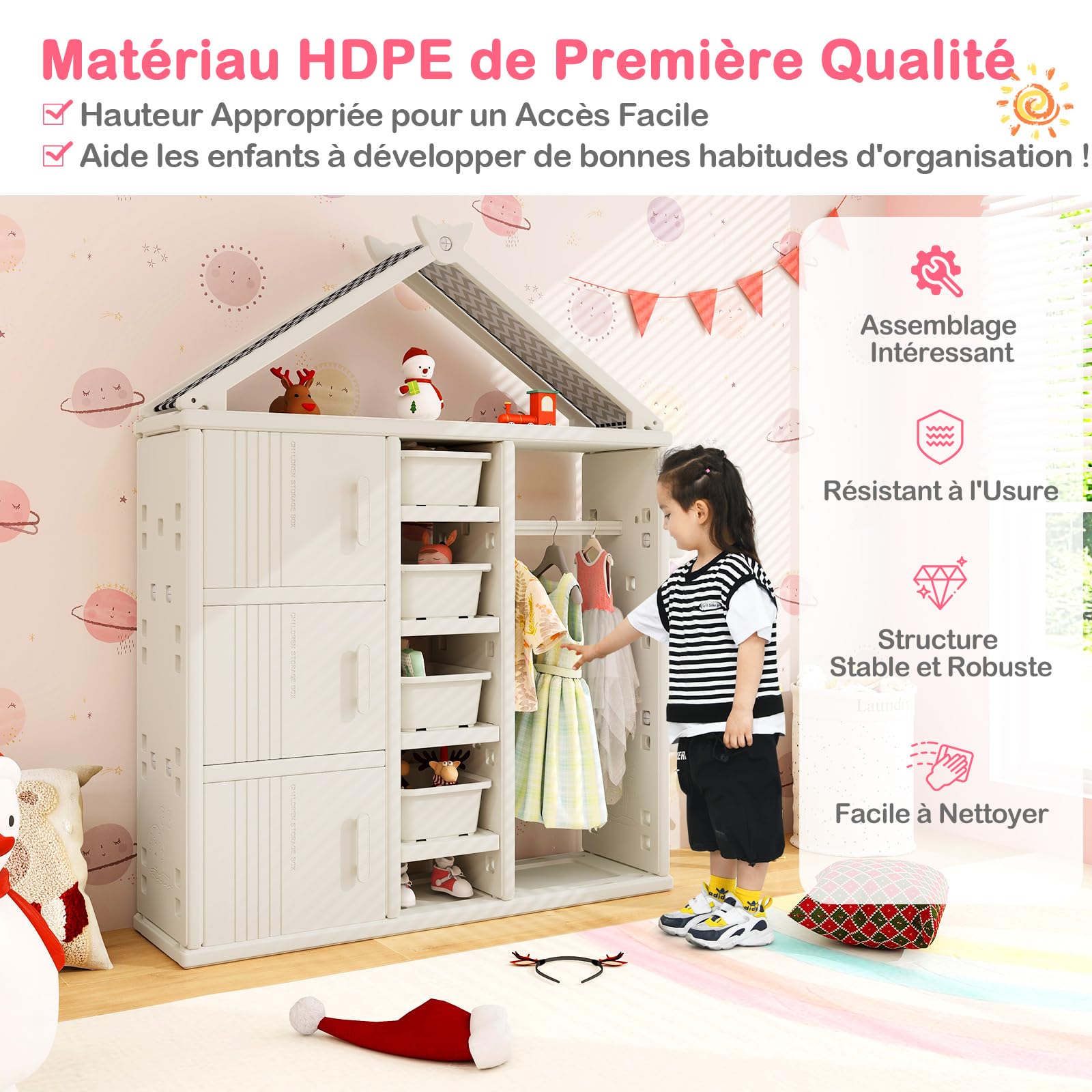 COSTWAY Armoire à Vêtements Enfant en HDPE avec Tige de Suspension & 5 Étagères & 3 Cubes, Portant à Vêtements Enfant avec Panier Ajustable, Grande Capacité, Organisateur pour 3 Ans+, 123x34x156cm