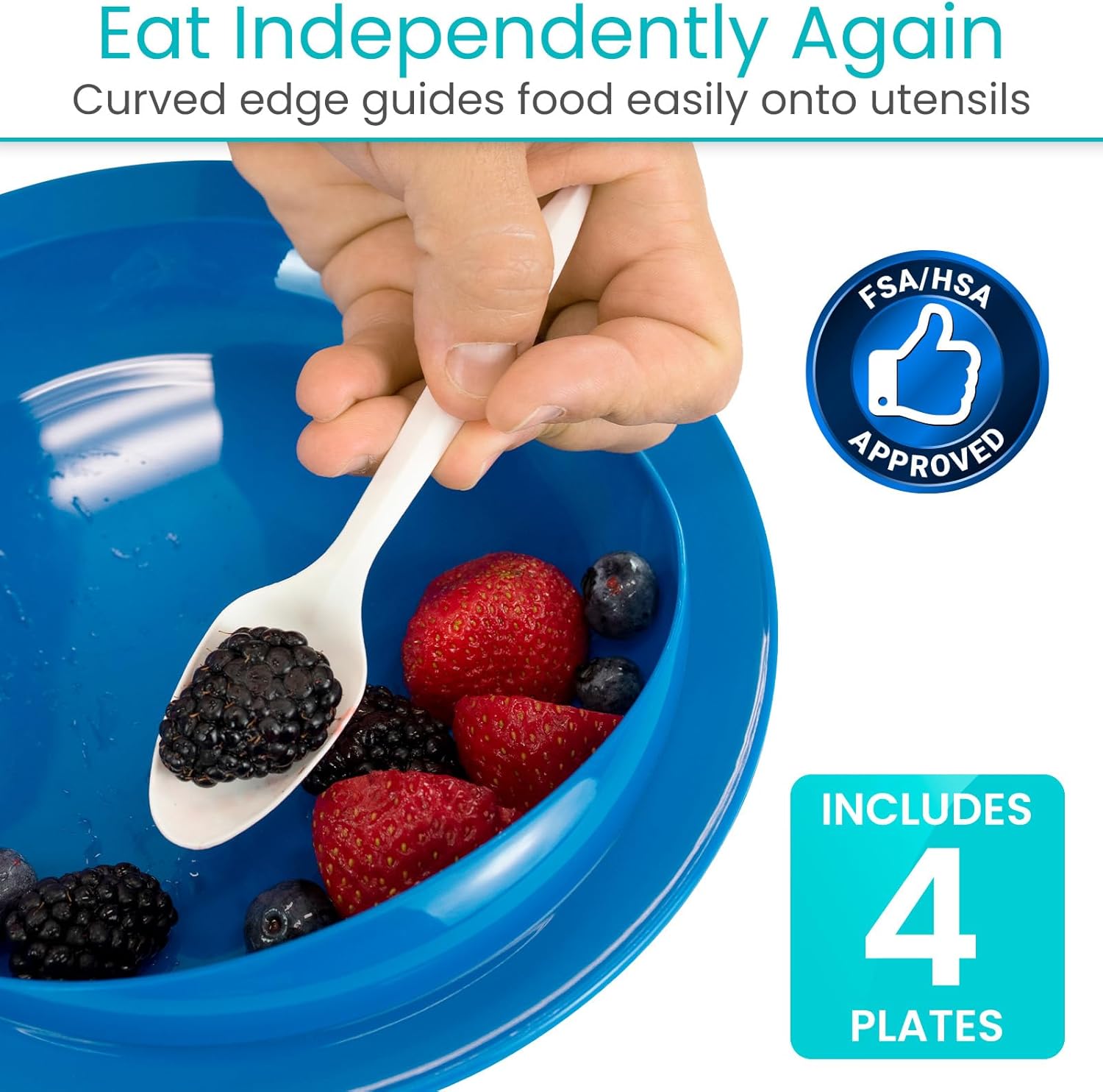 Vive Spill-Proof Scoop Plate, 9" (4 Pack) - Dish with Wall for Disabled, Handicapped, Elderly Adults with Special Needs from Parkinsons, Dementia, Stroke, Tremors with - Non Skid Padded Bottom