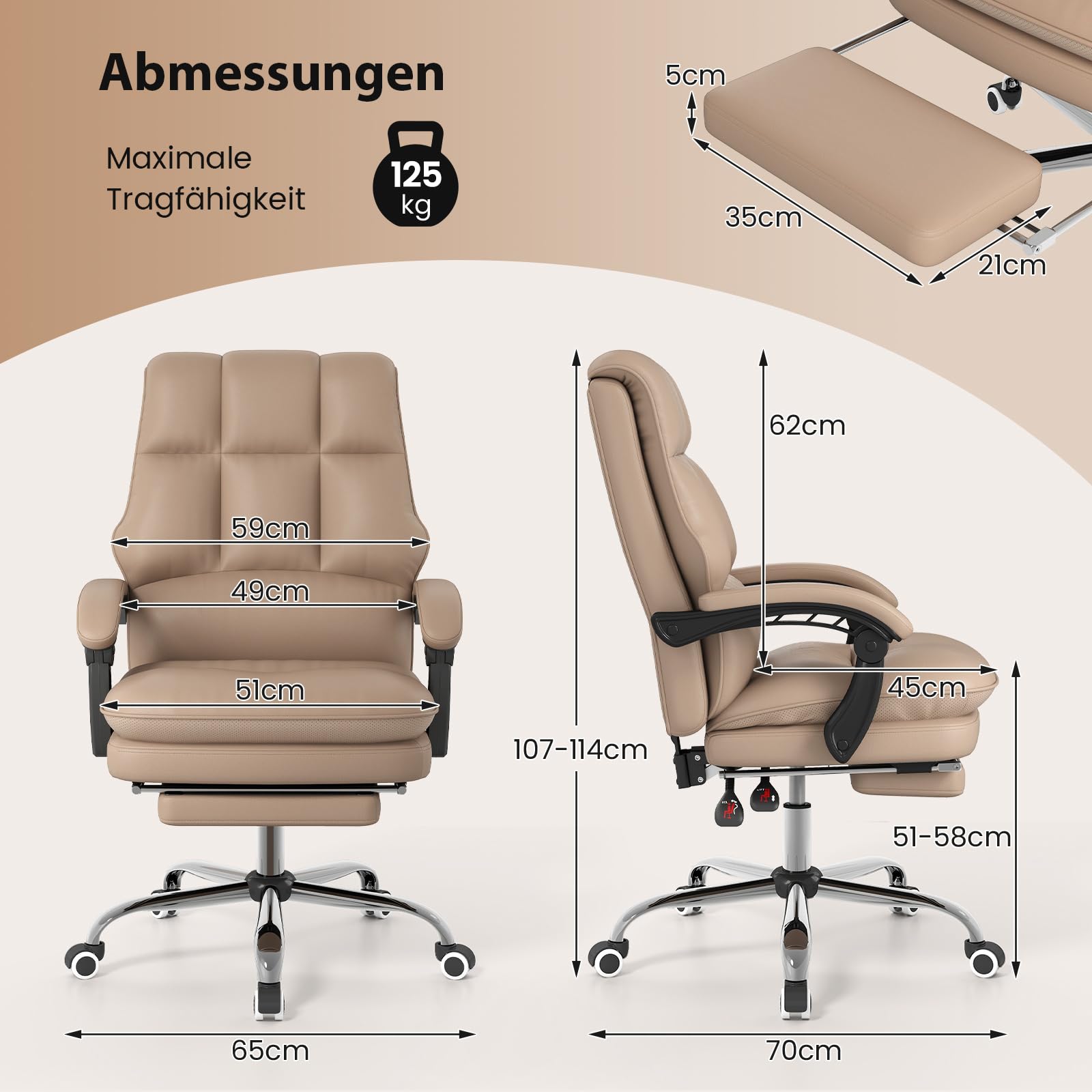 COSTWAY Ergonomischer Bürostuhl mit einziehbarer Fußstütze, Chefsessel mit Verstellbarer hoher Rückenlehne, weich gepolsterter Schreibtischstuhl aus Kunstleder, Computerstuhl, Kaffee