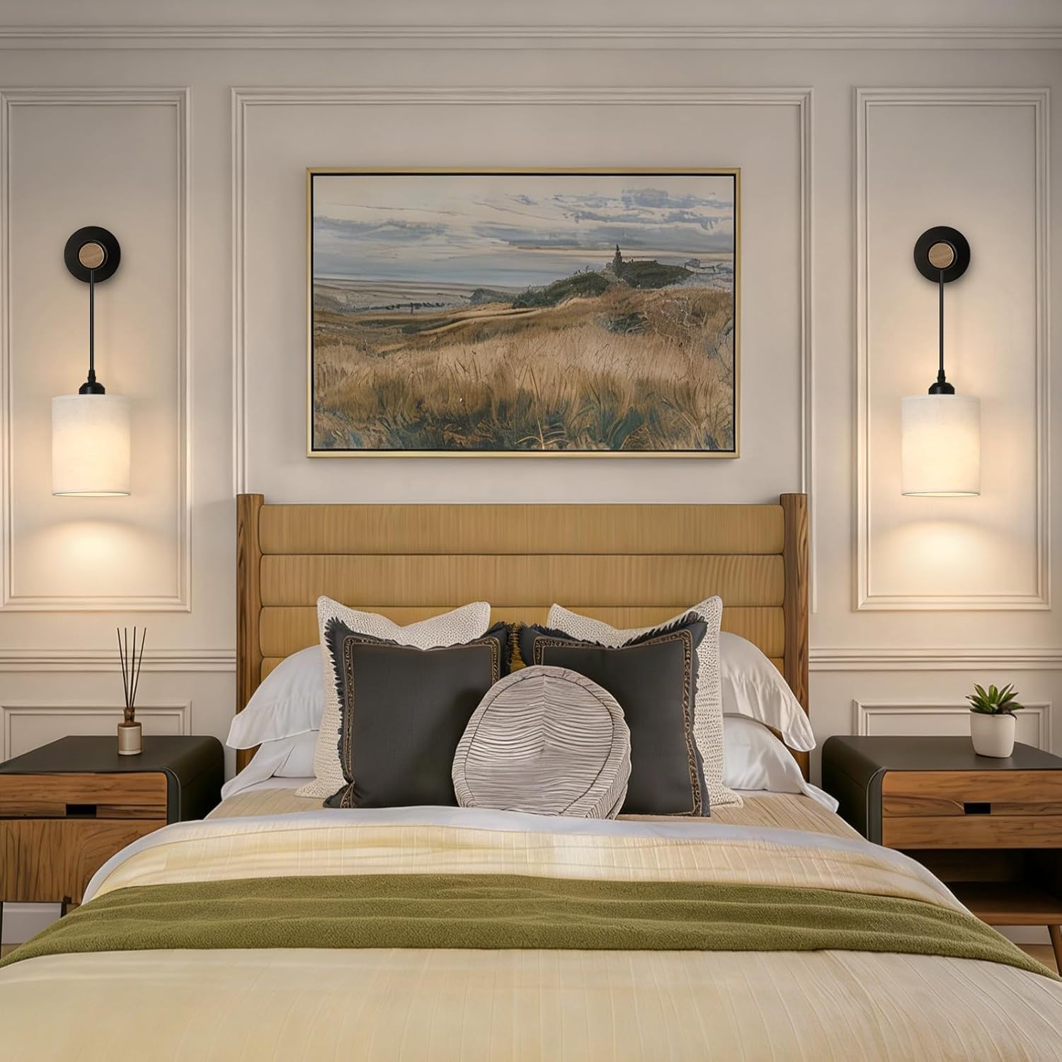 Battery Operated Wall Sconces Set of 2,Rechargeable Wireless Wall Lights with RGB & Dimmable Remote, No Wiring Renter Friendly, Modern Wood & Linen Wall Lamps for Bedroom Bedside Living Room.
