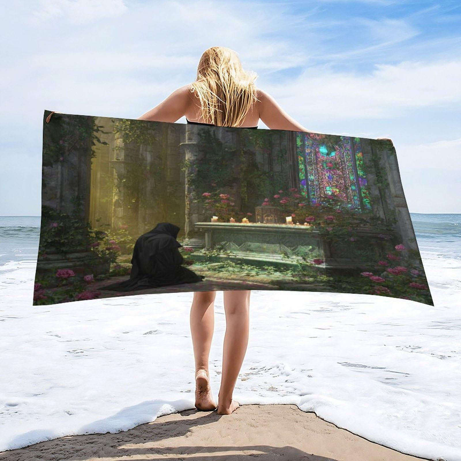 Luyysky Fantasy Abstract Castle Arch Absorbent Beach Towel, Mid Century Rustic Spring Sunshine Arch Plant Roses Floral Outdoor Single-Sided Velvet Beach Towel-80 W Cm X 160" L Cm