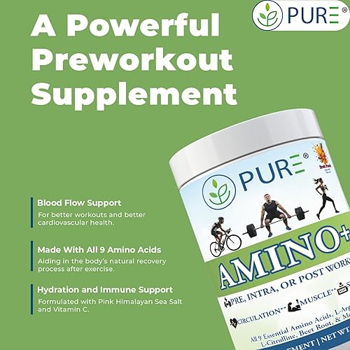 Miniatura 5 de PURE Amino+ - Mezcla de bebidas, salpicaduras de frutas, 9 aminoácidos esenciales, L-arginina, L-citrulina, 17.67 oz, 30 porciones, suplemento de