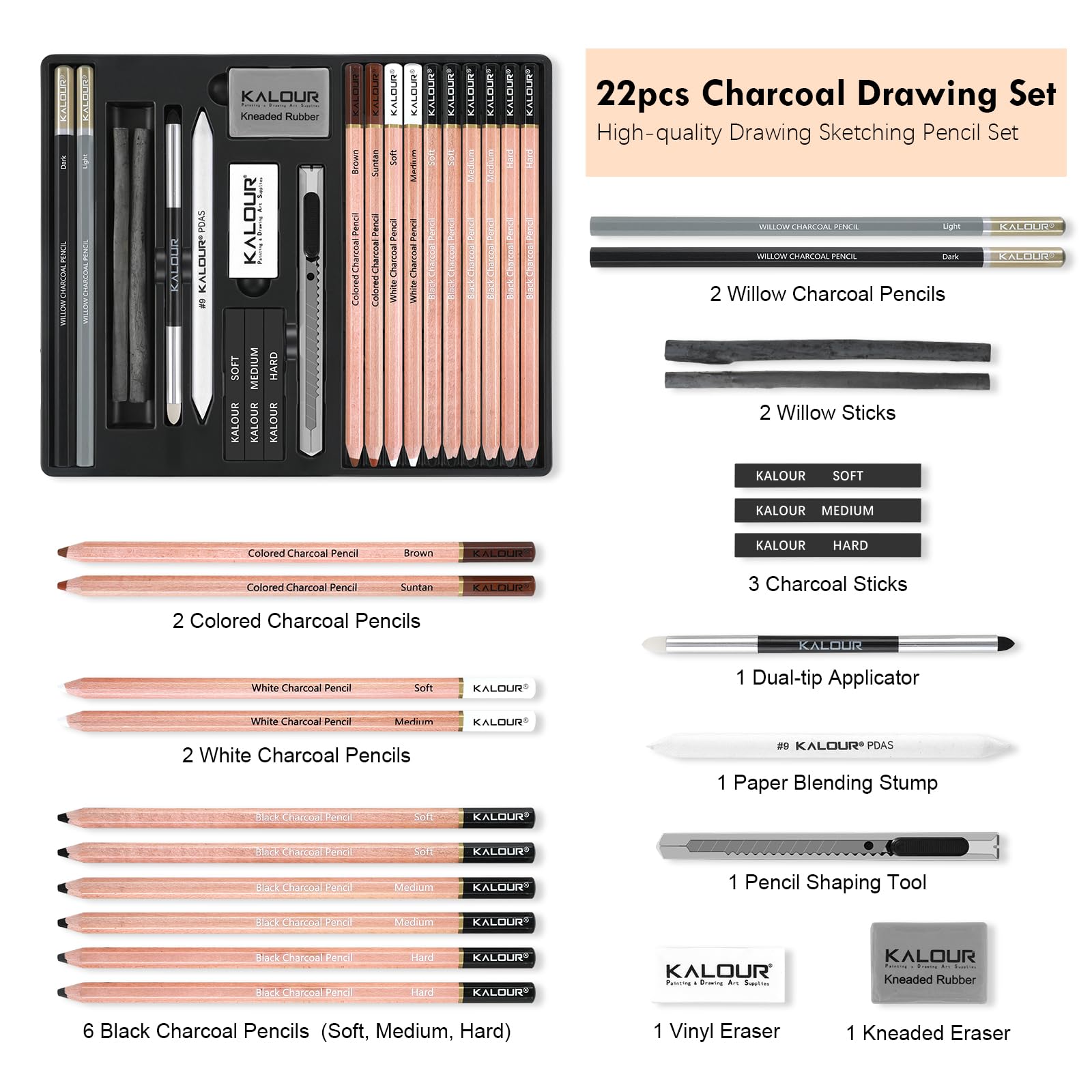 KALOUR PDAS Set di Disegno a Carboncino da 22, Forniture Artistiche Professionali, Matite a Carboncino Nero e Bianco per Disegno, Schizzo, Ombreggiatura, Sfocatura, per Principianti e Artisti