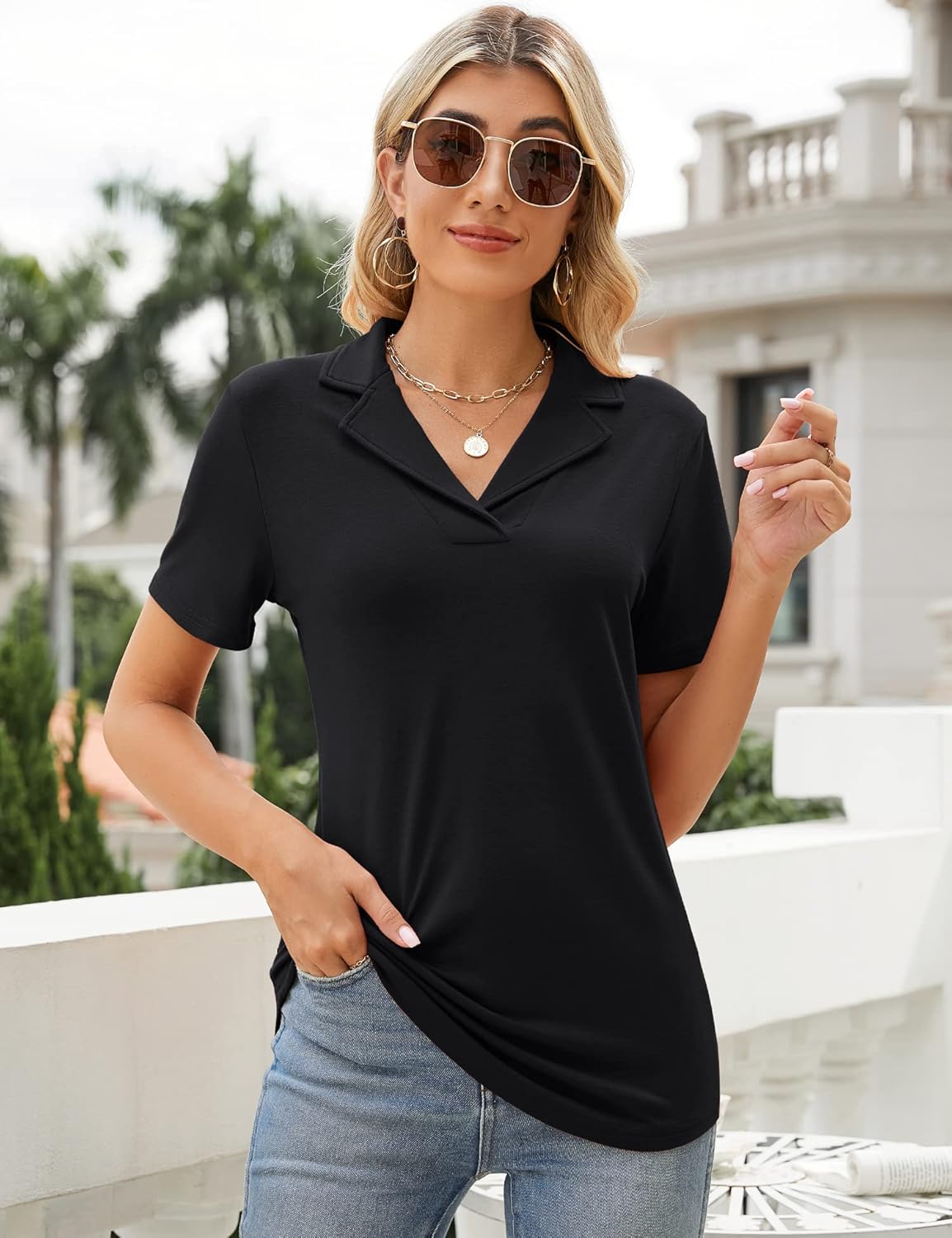 Rapbin Women's Polo Shirts Lapel Collar V Neck Short Sleeve Blouse Dressy Casual Tunic Tops - Image 2