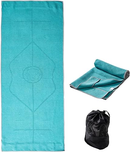 Toalla de esterilla de yoga con líneas de alineación, toalla de yoga antideslizante para yoga caliente, pilates, ejercicio, fitness, lavable a Verde