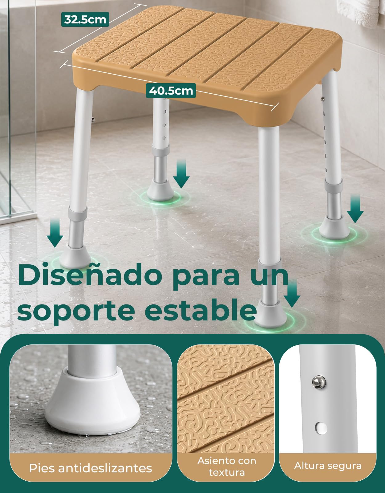 Taburete de Ducha Ligero, soporta 160 kg, Antideslizante, portátil, para Personas Mayores, marrón