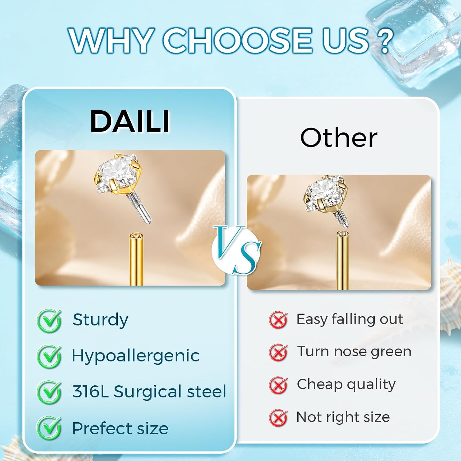 Nose Rings Studs for Women Men, 20G 18G 14K Gold Silver Hypoallergenic Surgical Stainless Steel Nose Rings CZ Heart Star Internally Threaded Nose Stud Flat Back Earrings Tragus Helix Piercing Jewelry