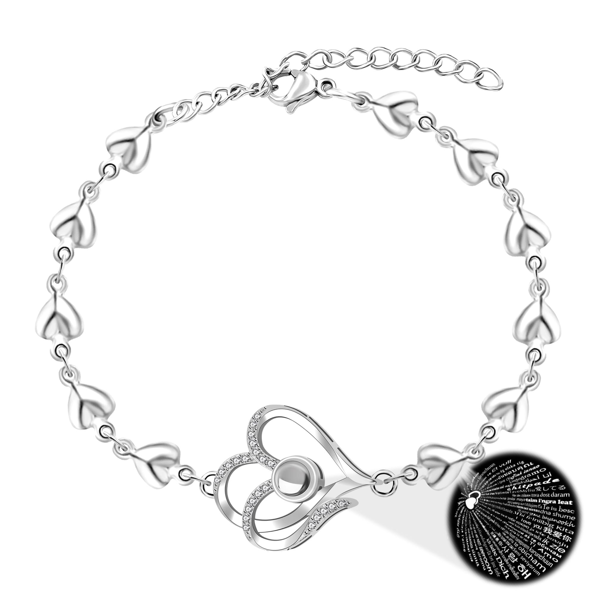 Stainless Love Heart Link Chain Bracelet | 100 Different Languages I Love You Projection Bracelet Cute Romantic Gifts for Her