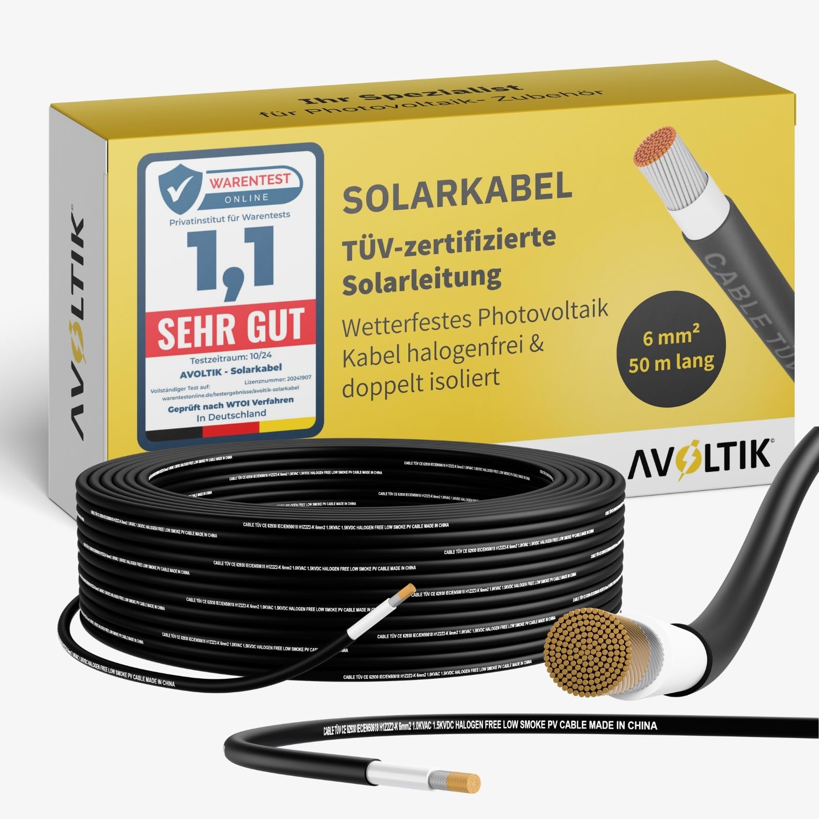 Avoltik Solarkabel 6mm2 50m TÜV-zertifizierte Solarleitung Photovoltaik 1500V H1Z2Z2-K wetterfest halogenfrei doppelt isoliert