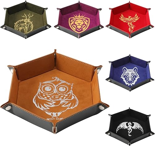 Grajar 6 bandejas de dados DND con patrón de animales para juegos de mesa RPG D&D, caja de almacenamiento plegable de cuero sintético y terciopelo