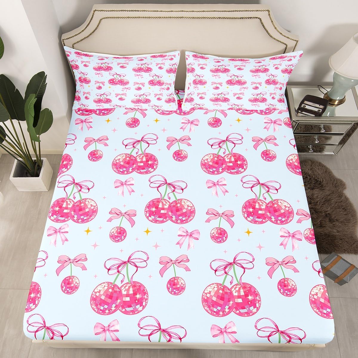 Feelyou Disco Mirror Ball Bedding Set Blue Pink Bow Bed Sheets for Kids Boys Girls Funky Cute Theme Fitted Sheet Western Cowgirl Sheets Set Room 2Pcs Twin Size,No Flat Sheet