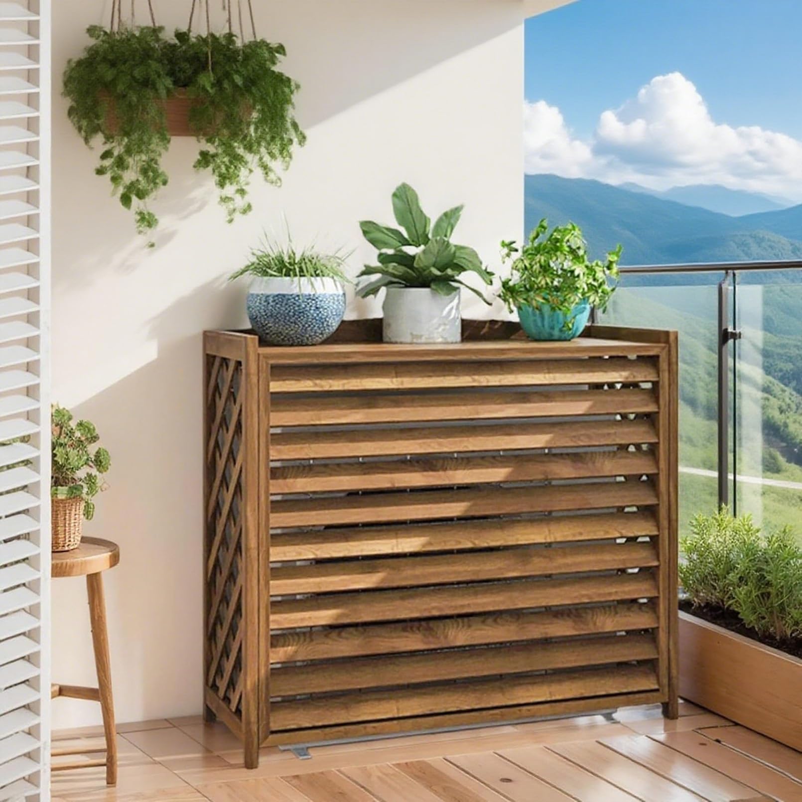 Klimaanlage Abdeckung Holz Wärmepumpe Verkleidung Balkon Sichtschutz Holz Blumenständer Draußen Klimaanlage Abdeckung Außengerät Gartenregal Wetterfest Blumenständer Massivholz(100x44x93cm)