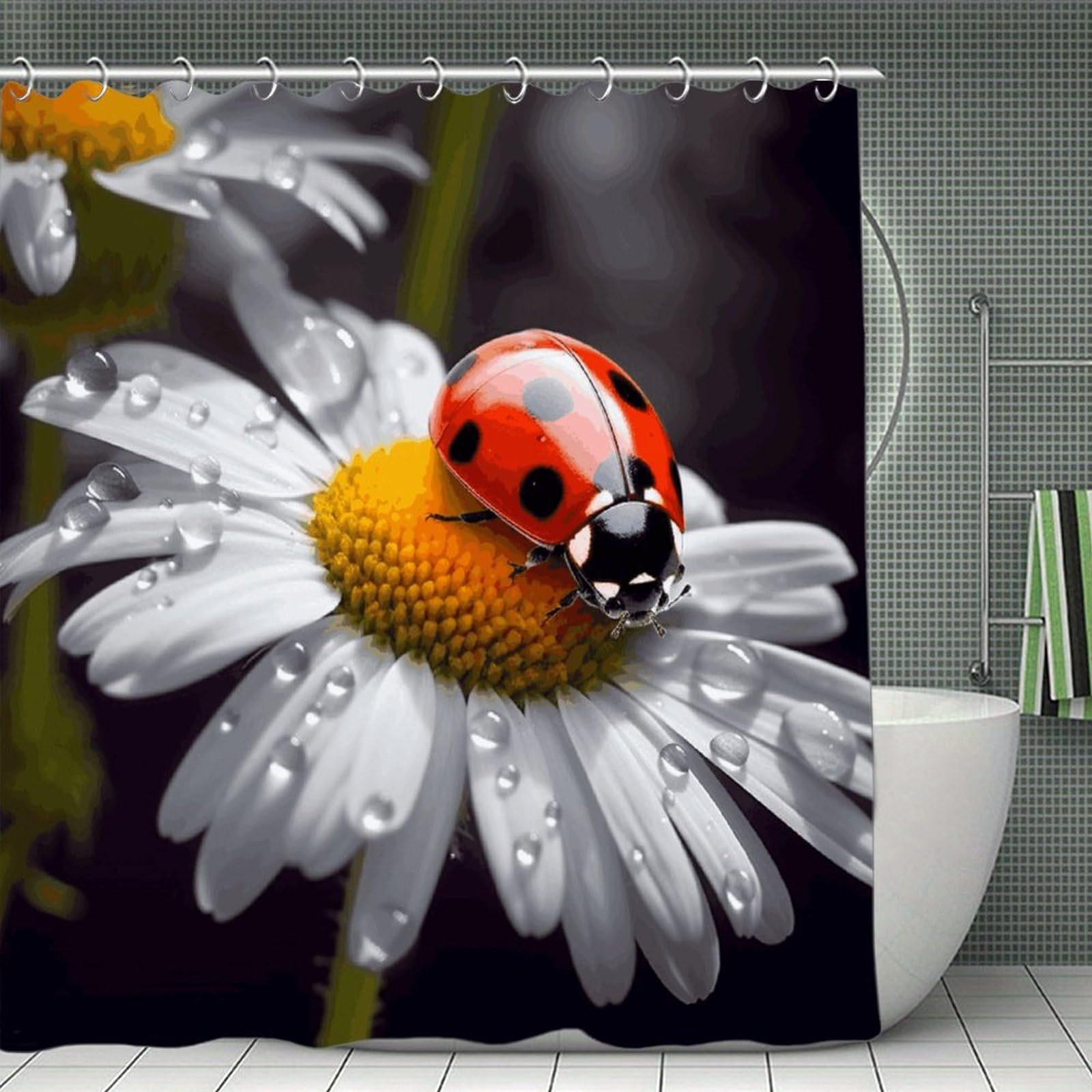 VstaDank Ladybug on Daisy Flower Shower Curtain Waterproof Bathroom Curtain with Hooks Luxury Weighted Bath Curtains for Bathtubs Showers Room Dividers Decorative Shower Curtains 71x71 in