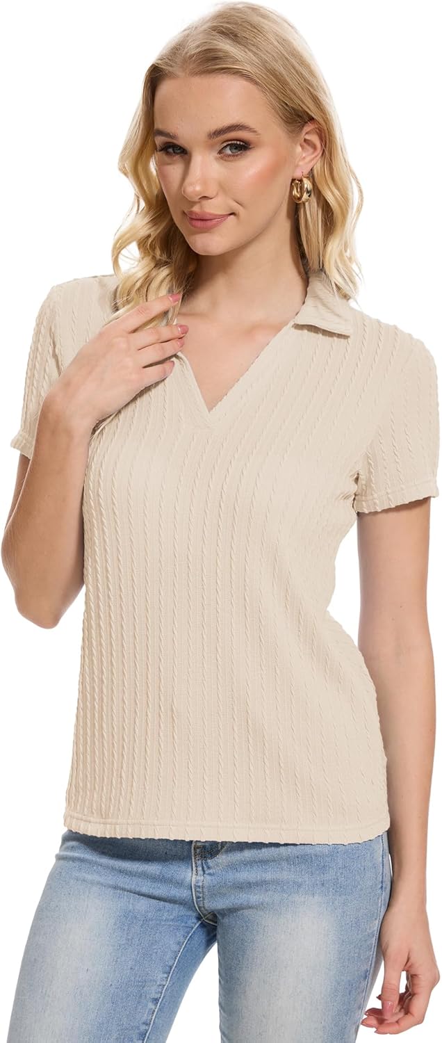 YuKaiChen Women's Polo Shirts Casual Summer Collared Tops Short Sleeve Knit Tops V Neck - Image 6