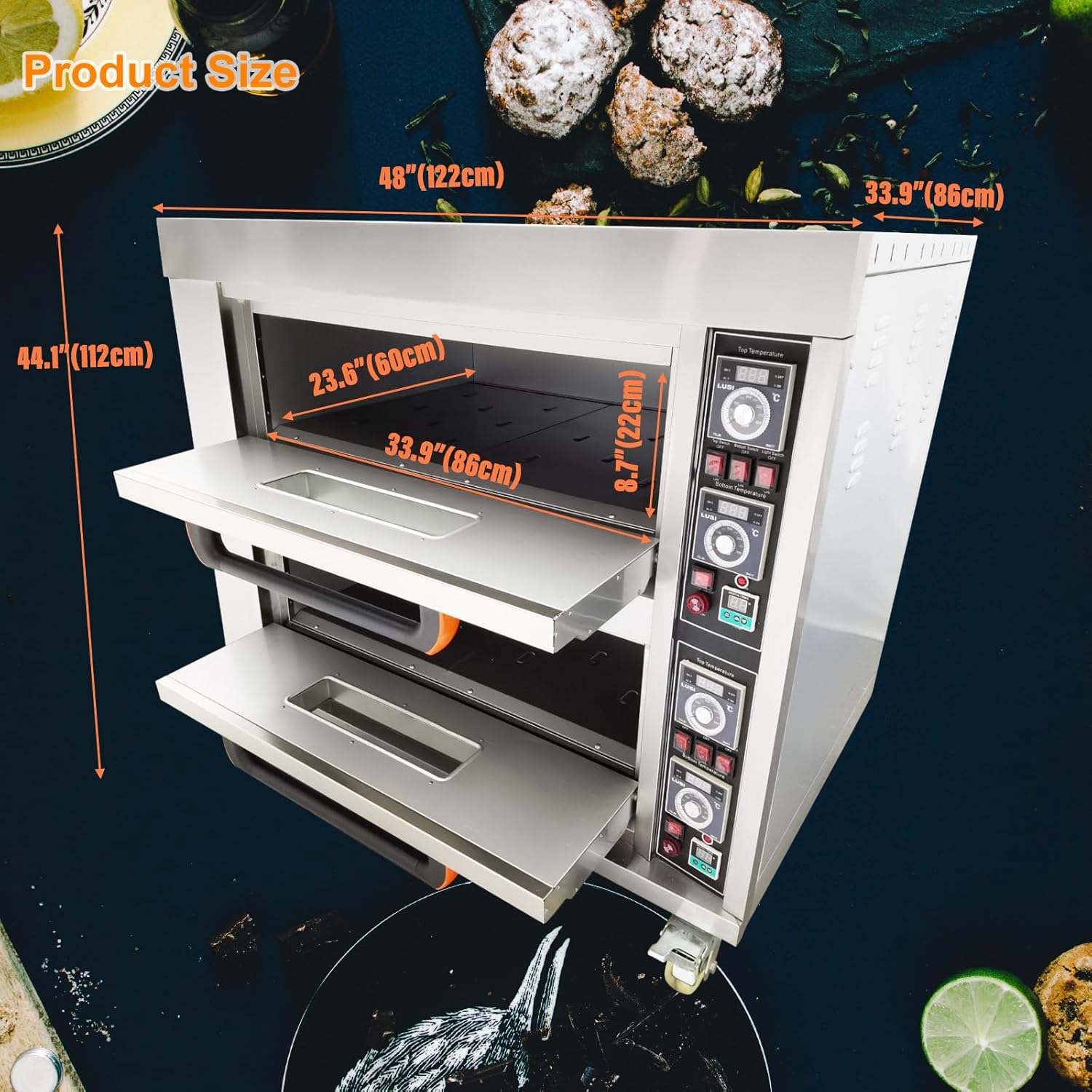 Commercial Double Oven Heats up to 400°C Movable Stainless Steel Pizza Oven with 4 Baking Sheets for Commercial Kitchen 220V 3PH